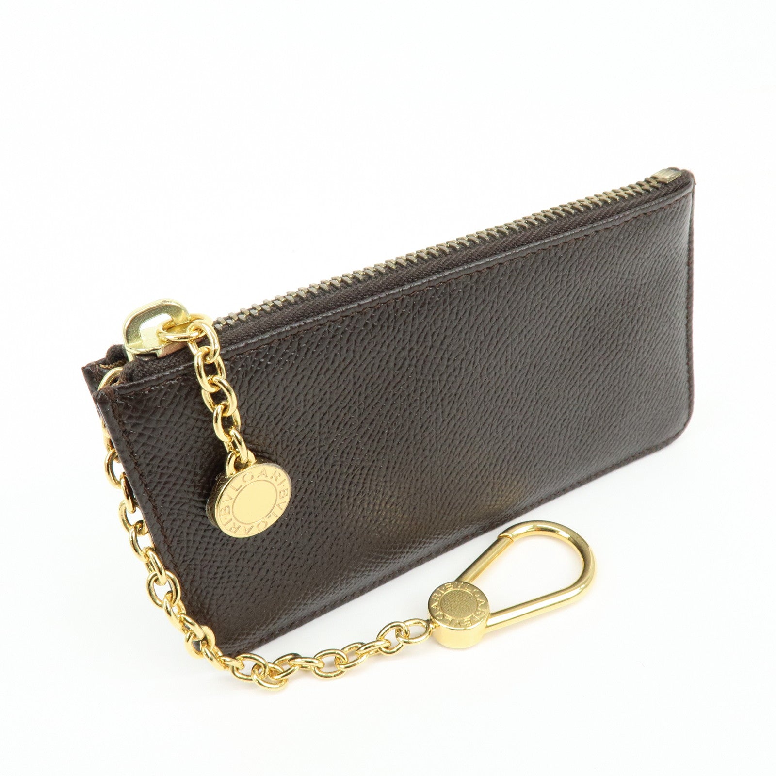 BVLGARI Leather Coin Case Coin Purse Key Chain Dark Brown