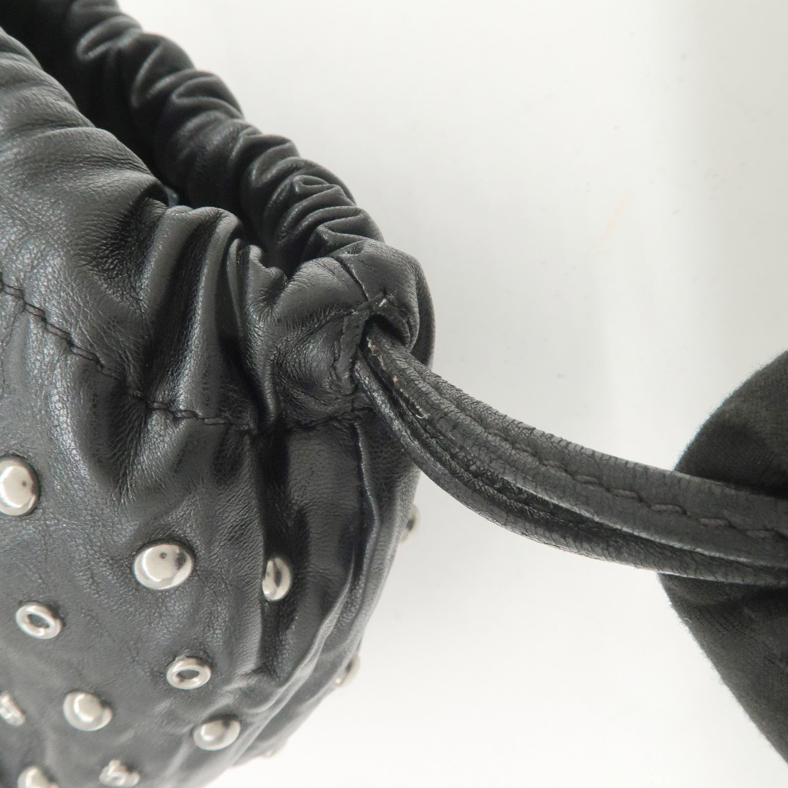 PRADA Studs Leather Drawstring Bag Cosmetic Pouch Black