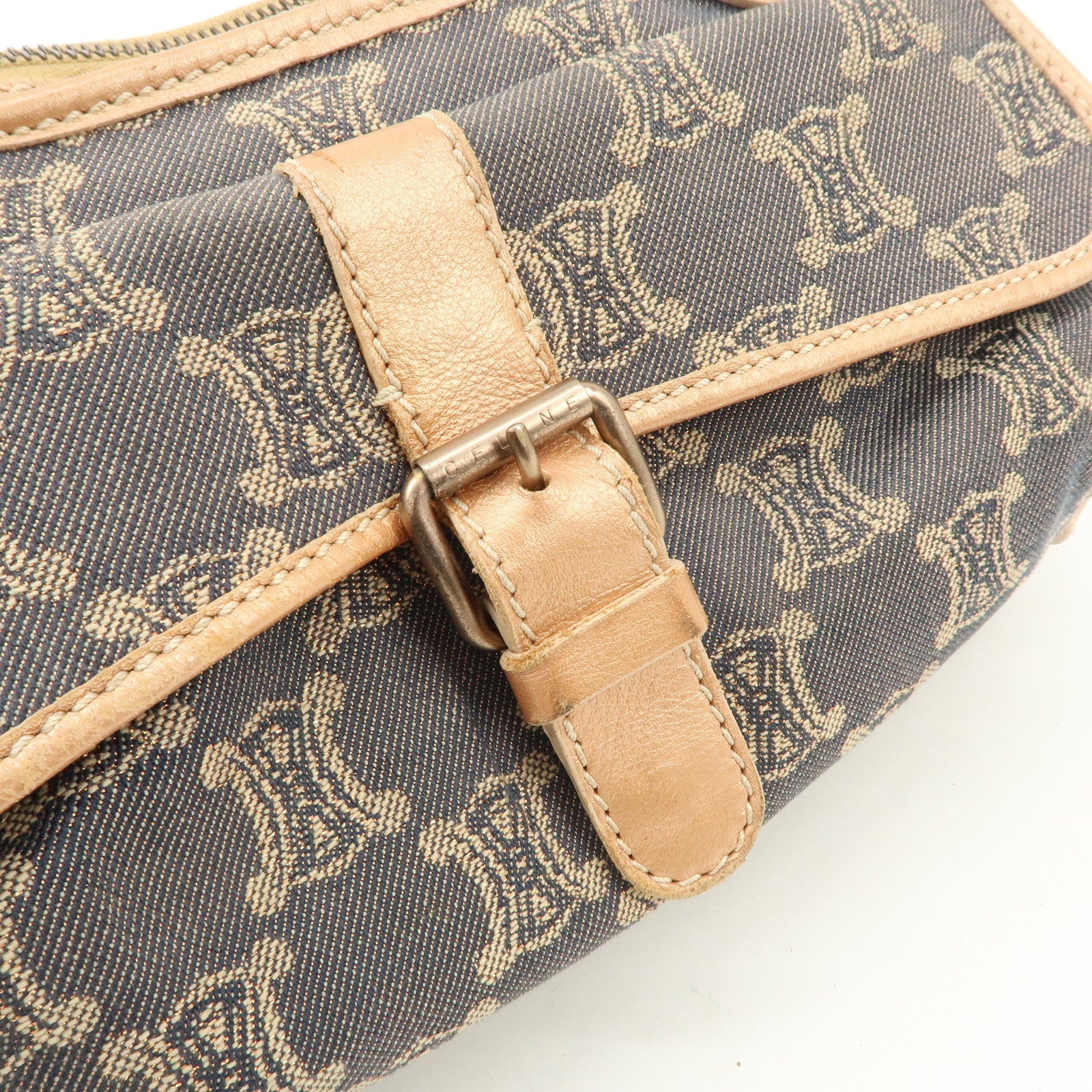 CELINE Macadam Leather Denim Shoulder Bag Hand Bag Beige Navy Used