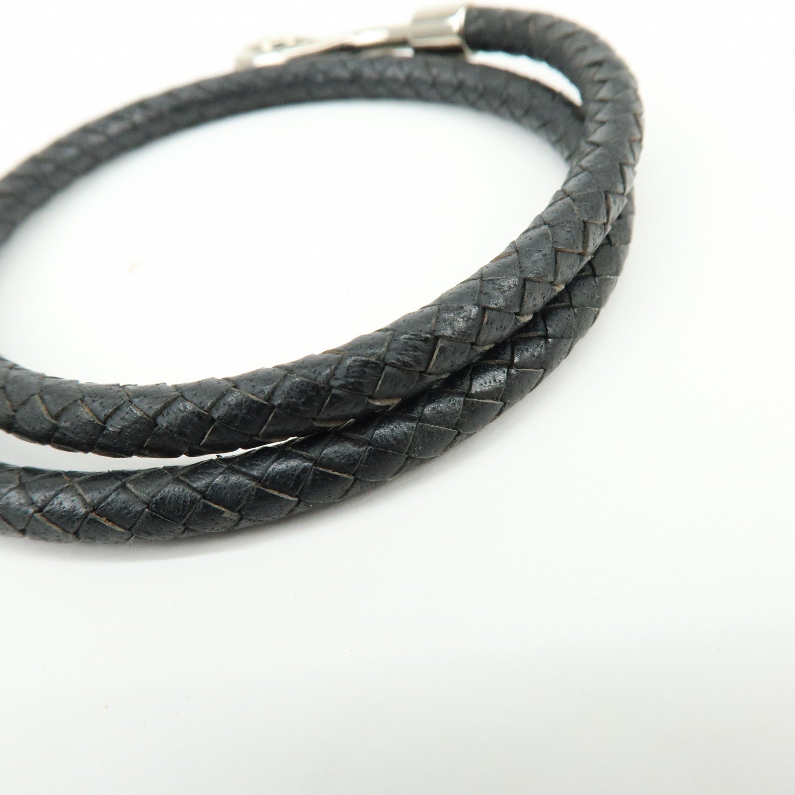 HERMES Jumbo Choker Double Tour Leather Metal Bracelet Black Silver