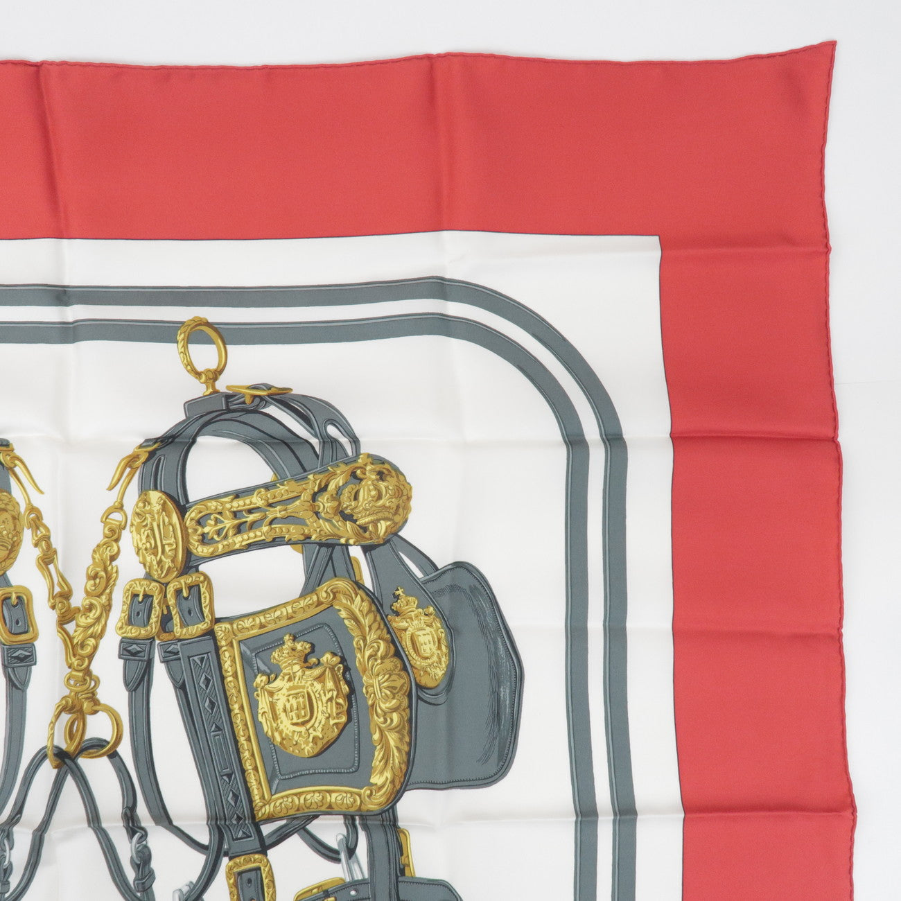 HERMES Carre 90 Silk 100% Scarf BRIDES DE GALA Gray Gold Red