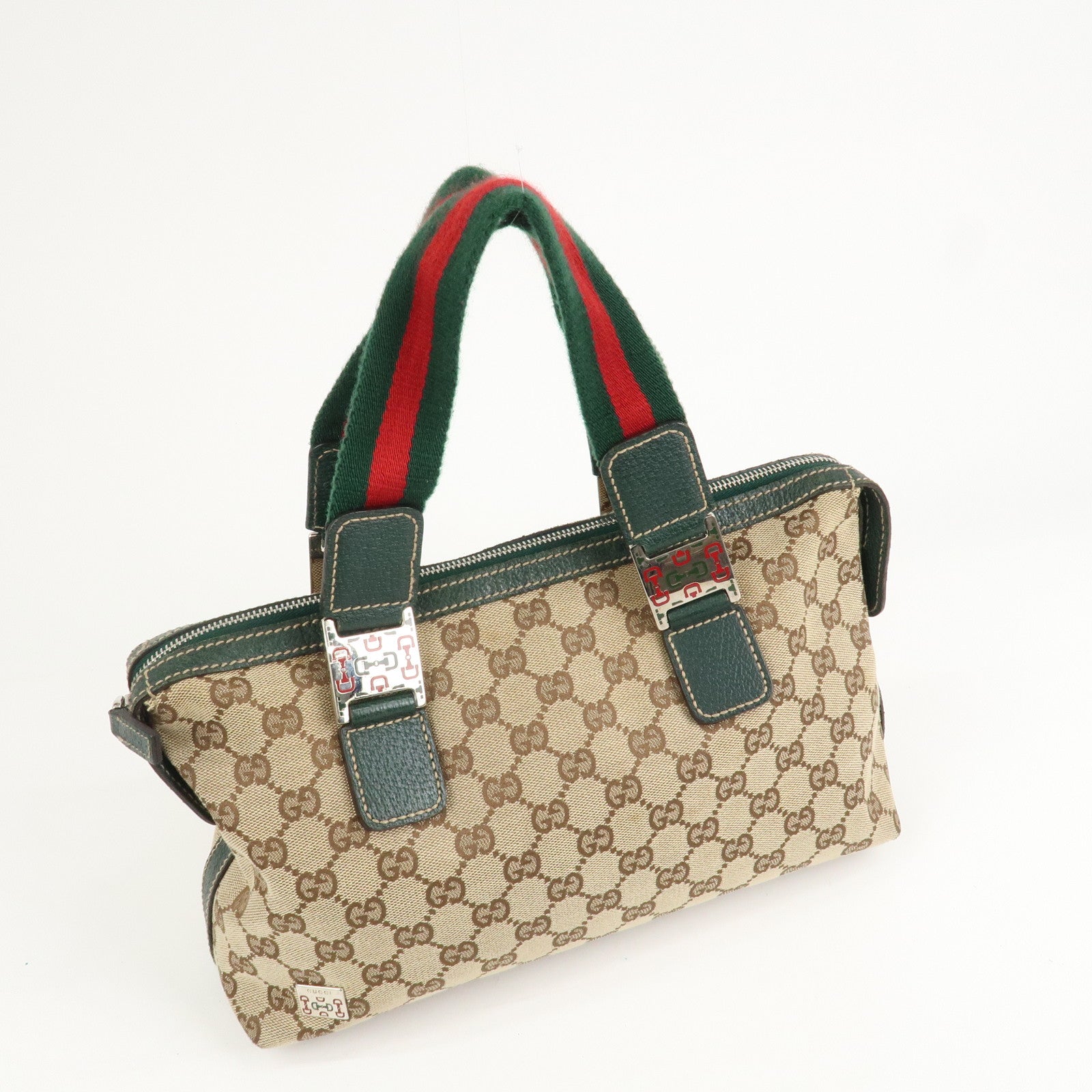 GUCCI Sherry GG Canvas Leather Hand Bag Beige Green 145759