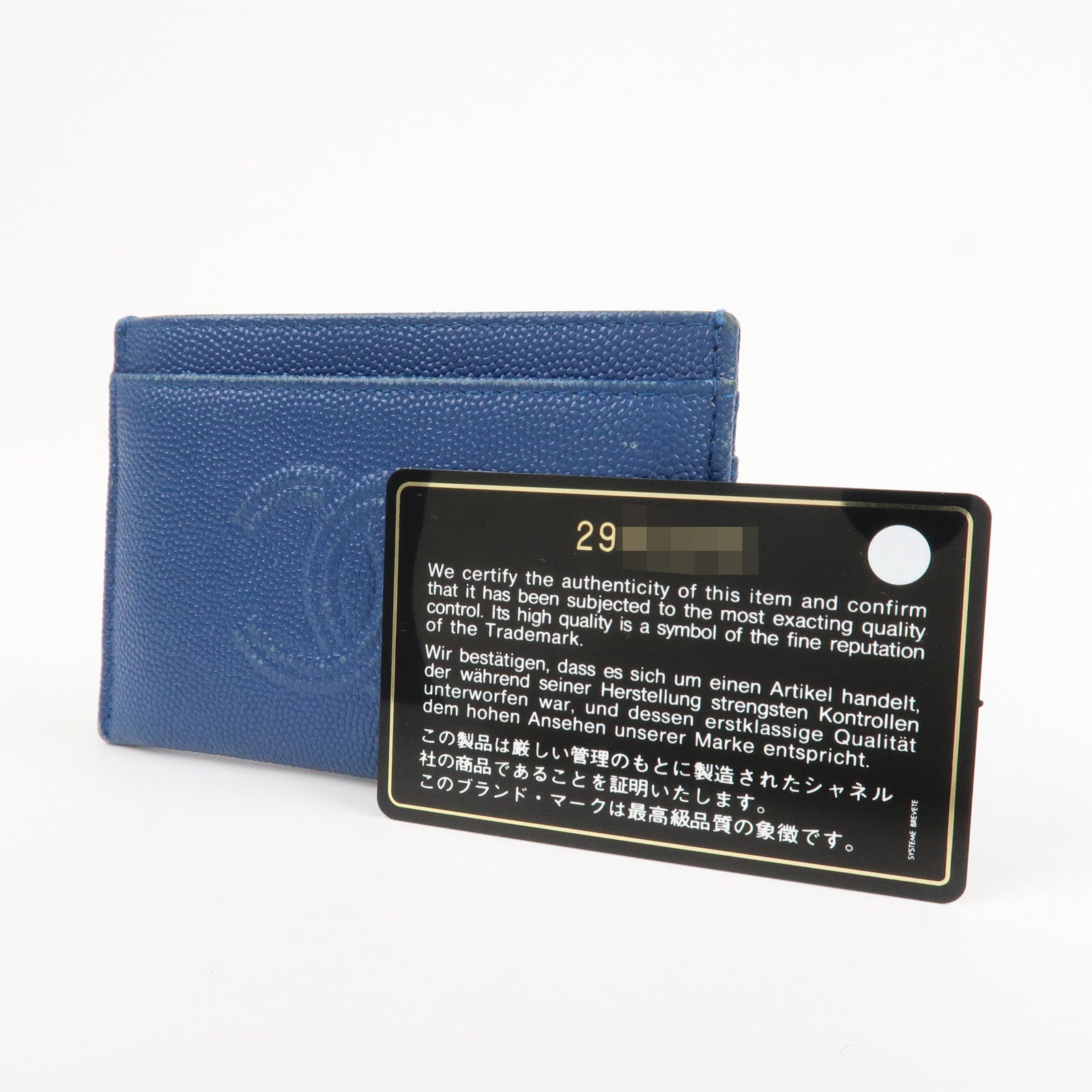 CHANEL Logo Caviarskin Leather Card Case Card Holder Blue
