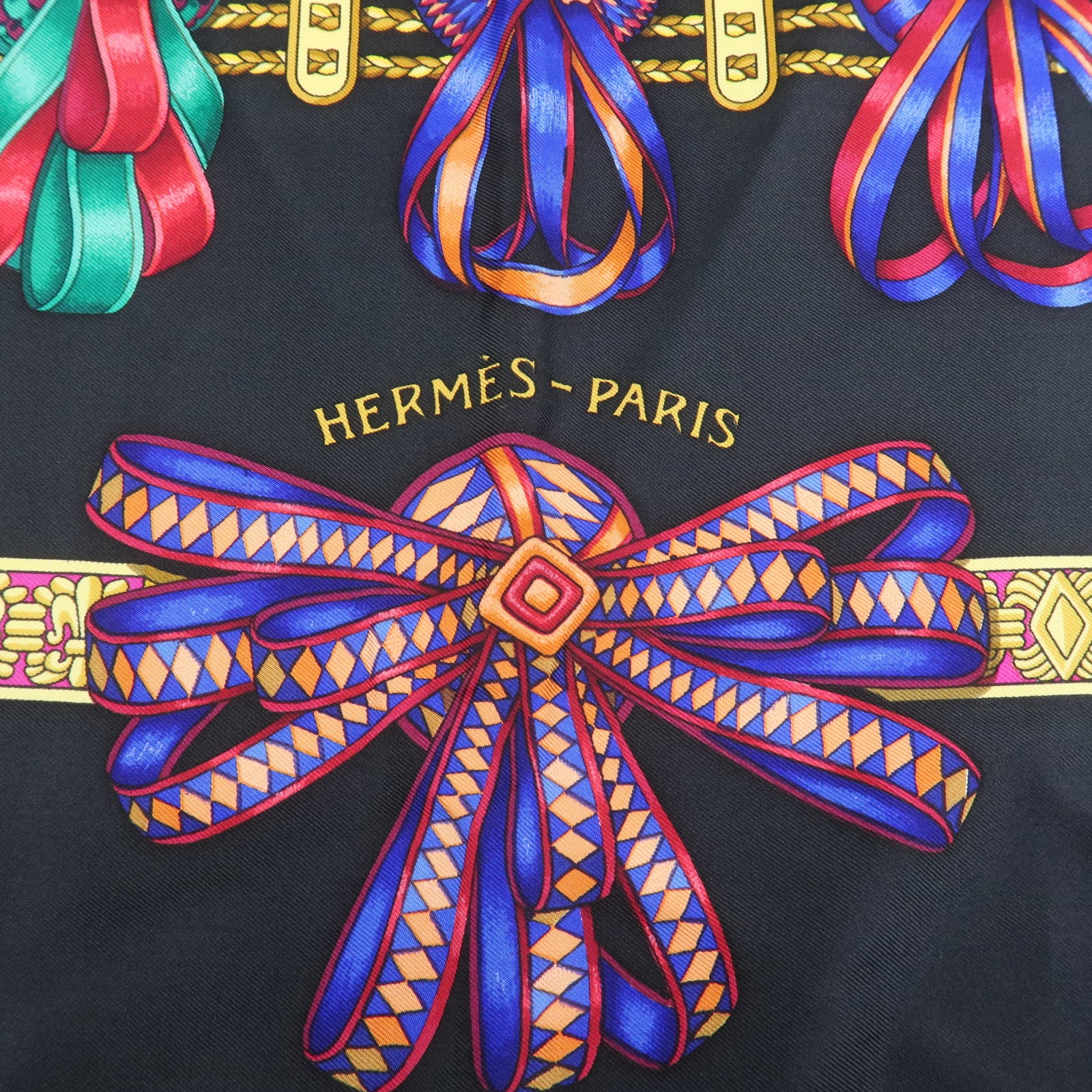 Hermes Carre 90 Silk 100% Scarf LES RUBANS DU CHEVAL Black