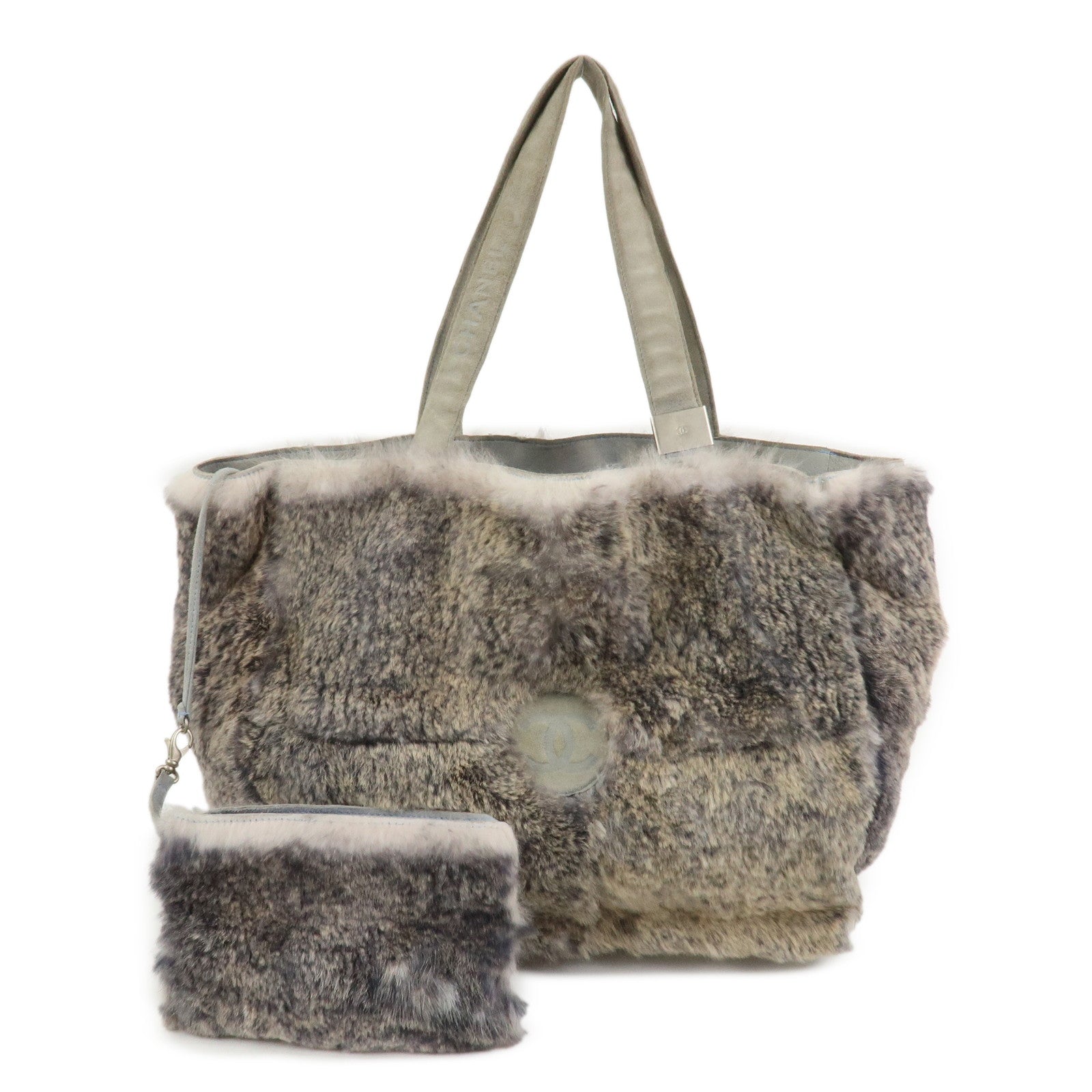 CHANEL COCO Mark Logo Fur Suede Hand Bag Grey