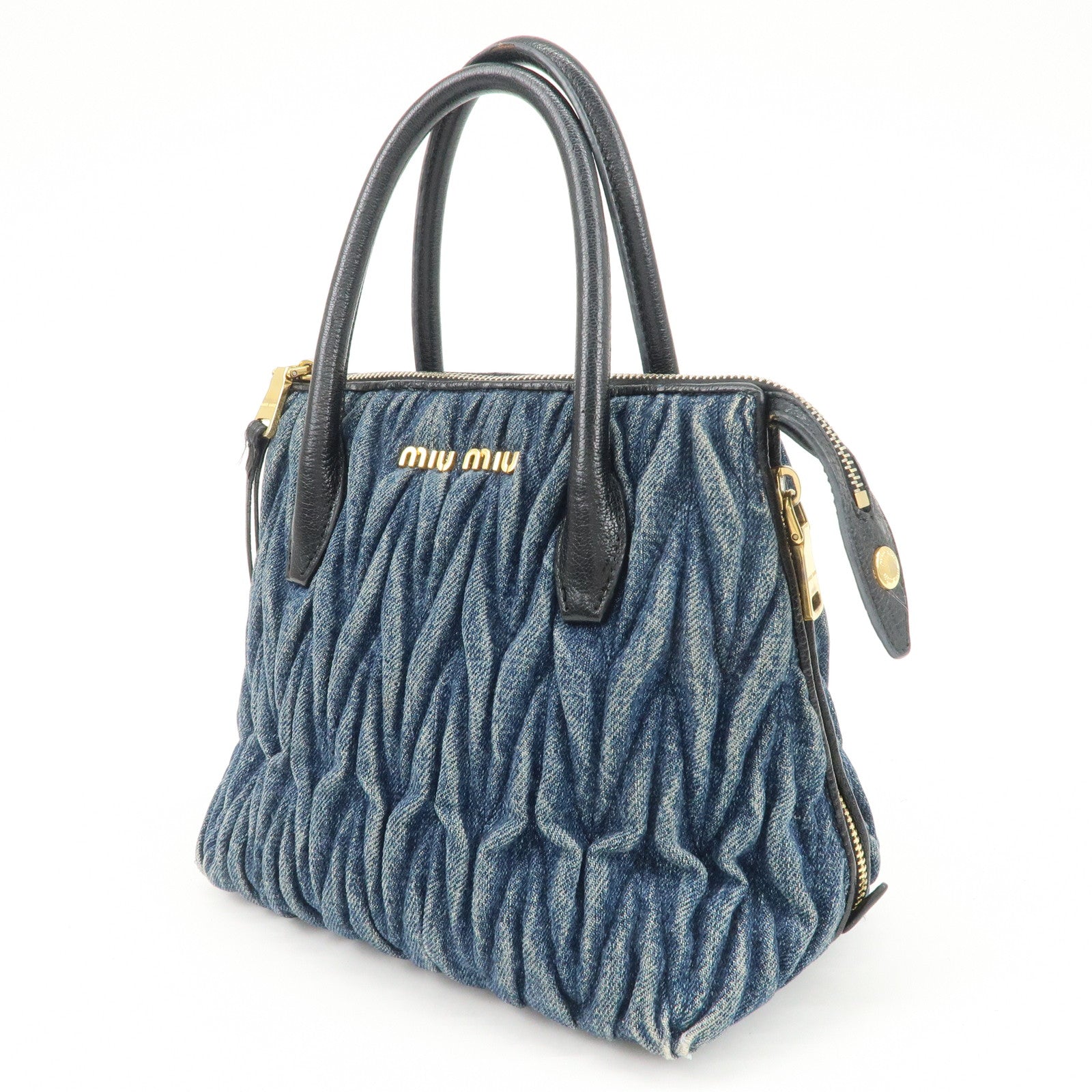 MIUMIU Matelasse Leather Denim 2Way Bag Black Indigo Blue 5BA003 Used