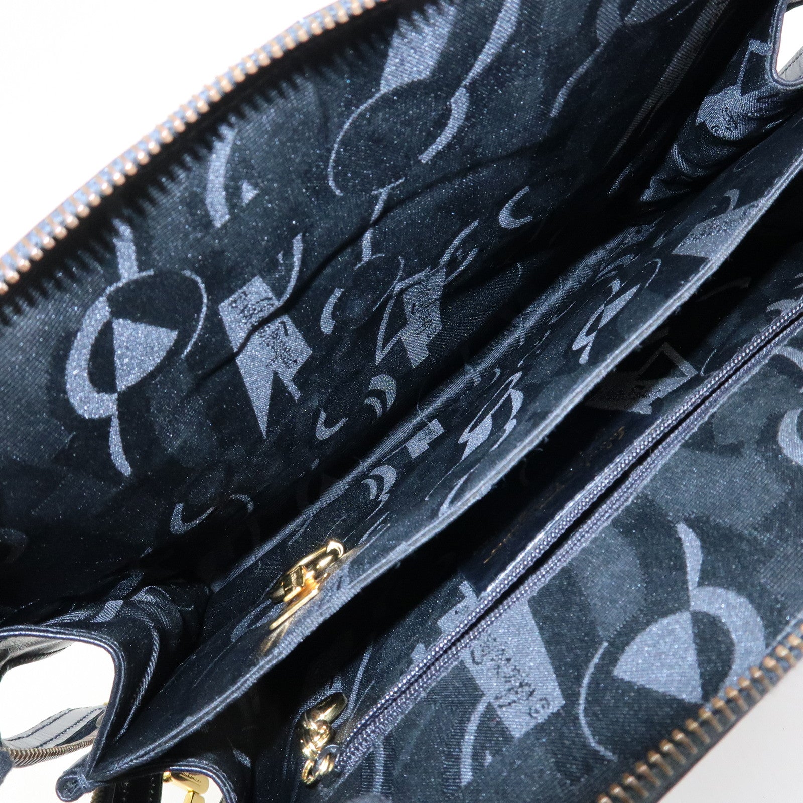 Ferragamo Leather 2Way Hand Shoulder Bag Black Gold HDW AK5644 Used