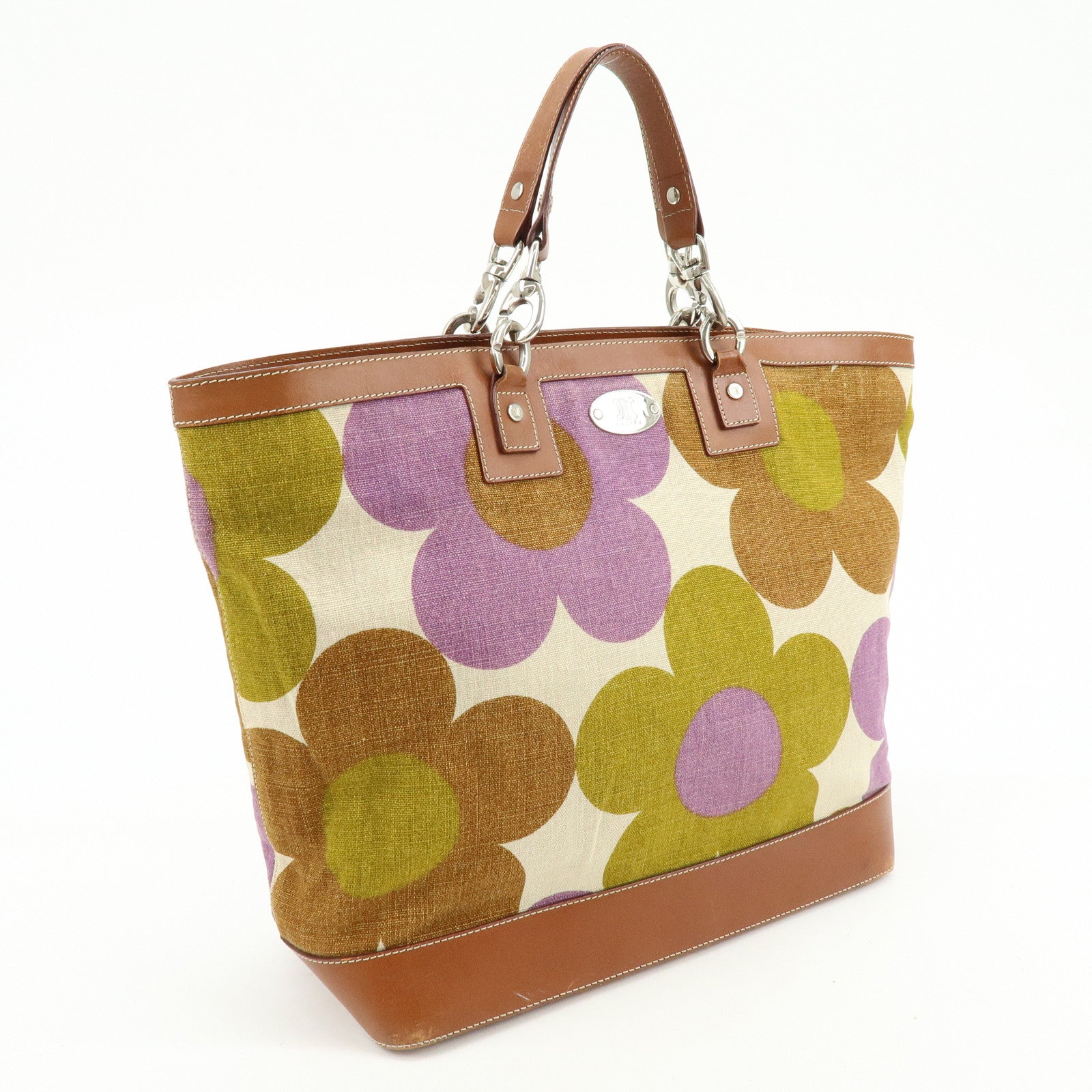 CELINE Flower Canvas Leather Tote Bag Shoulder Bag Brown Natural