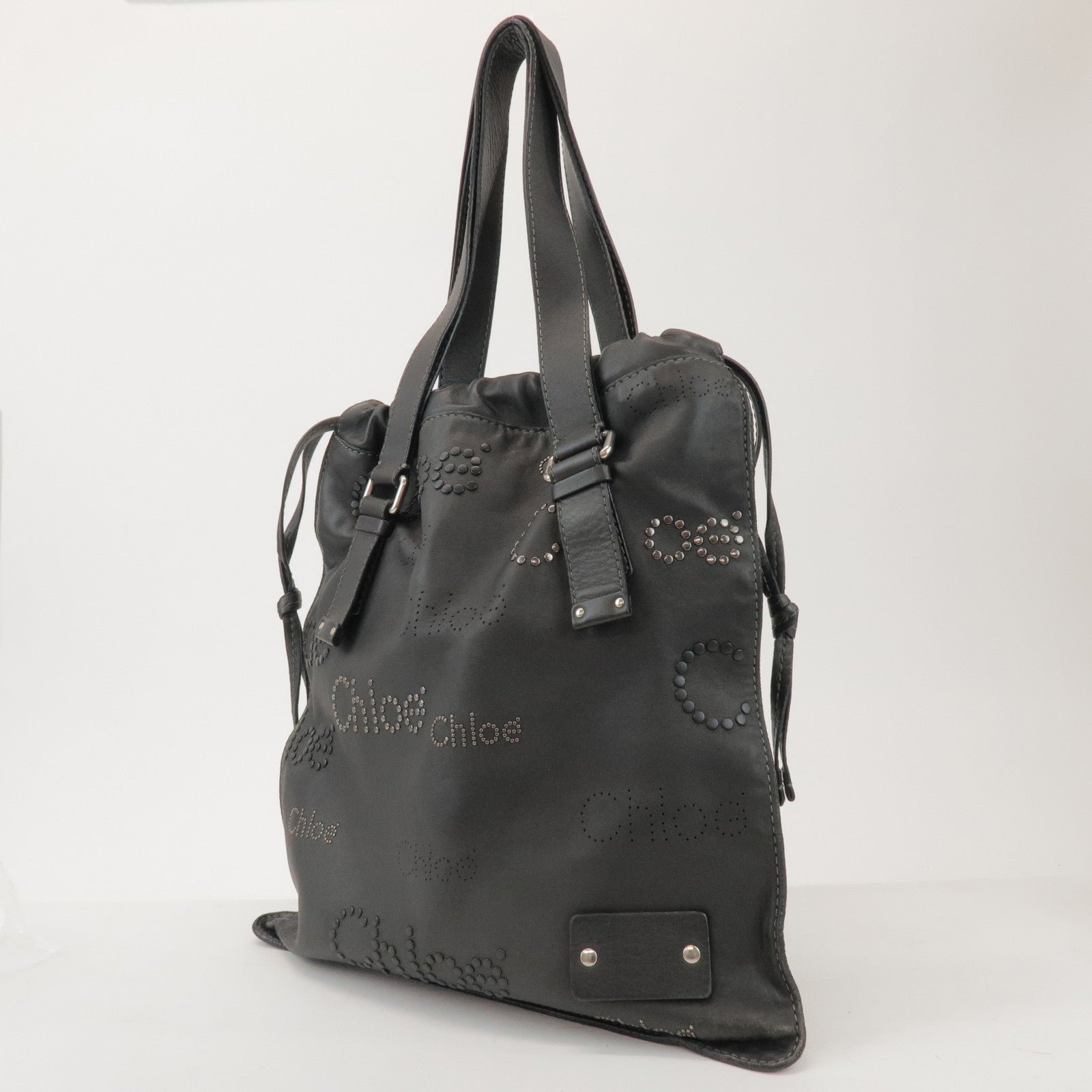Chloe Leather Drawstring Tote Bag Shoulder Bag Hand Bag Black Studs