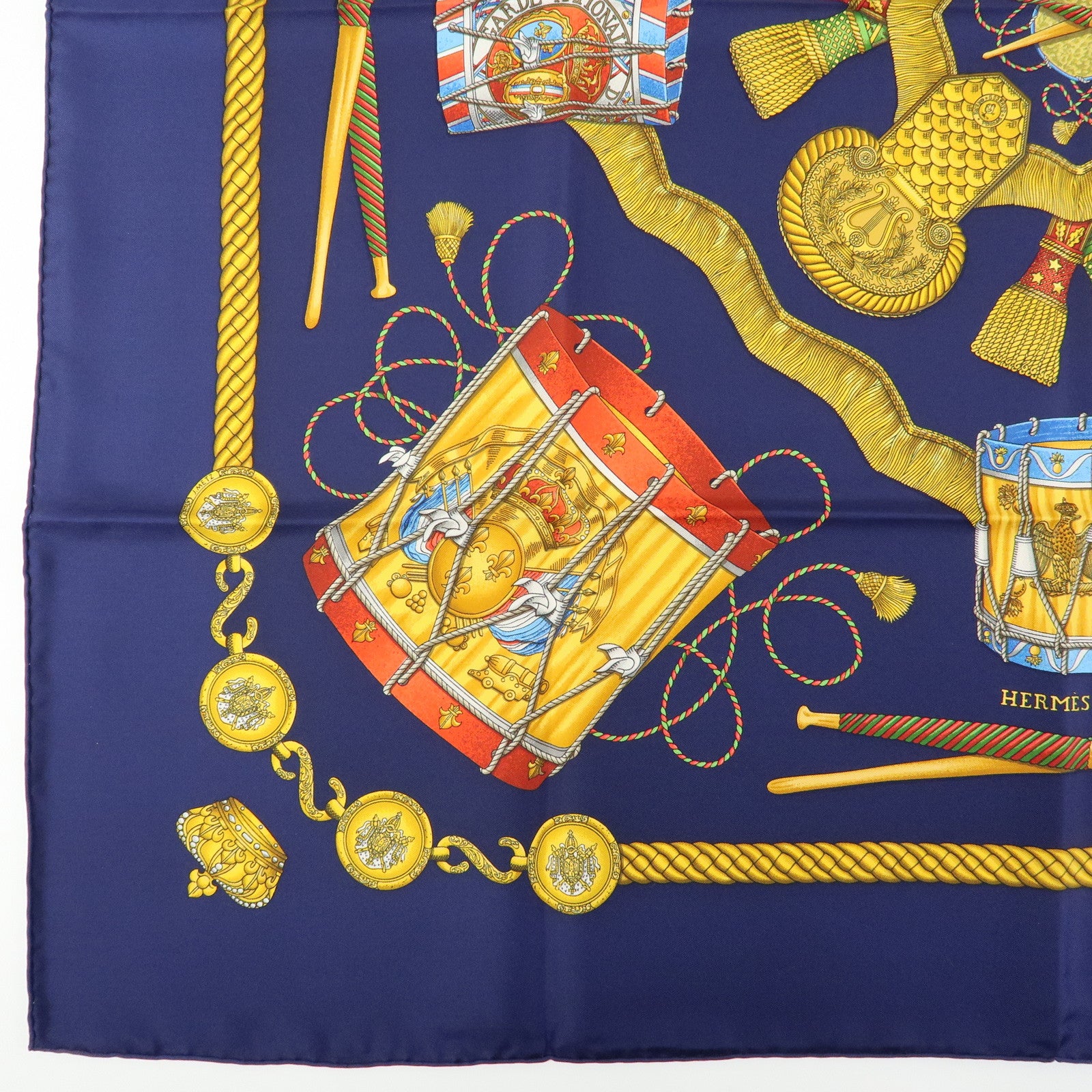 HERMES Carre 90 Silk 100% Scarf  LES TAMBOURS Navy Gold