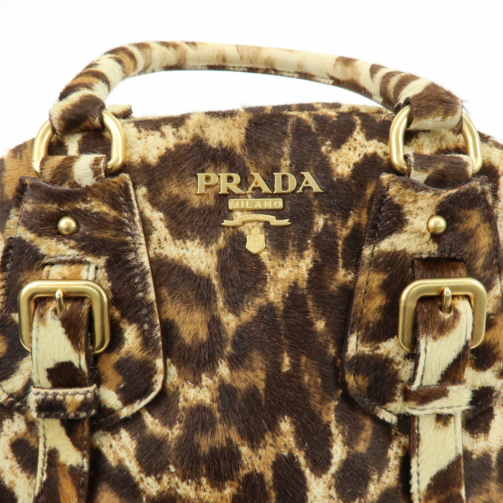 PRADA Pony Hair Leopard 2Way Boston Bag Shoulder Bag Brown BL0429