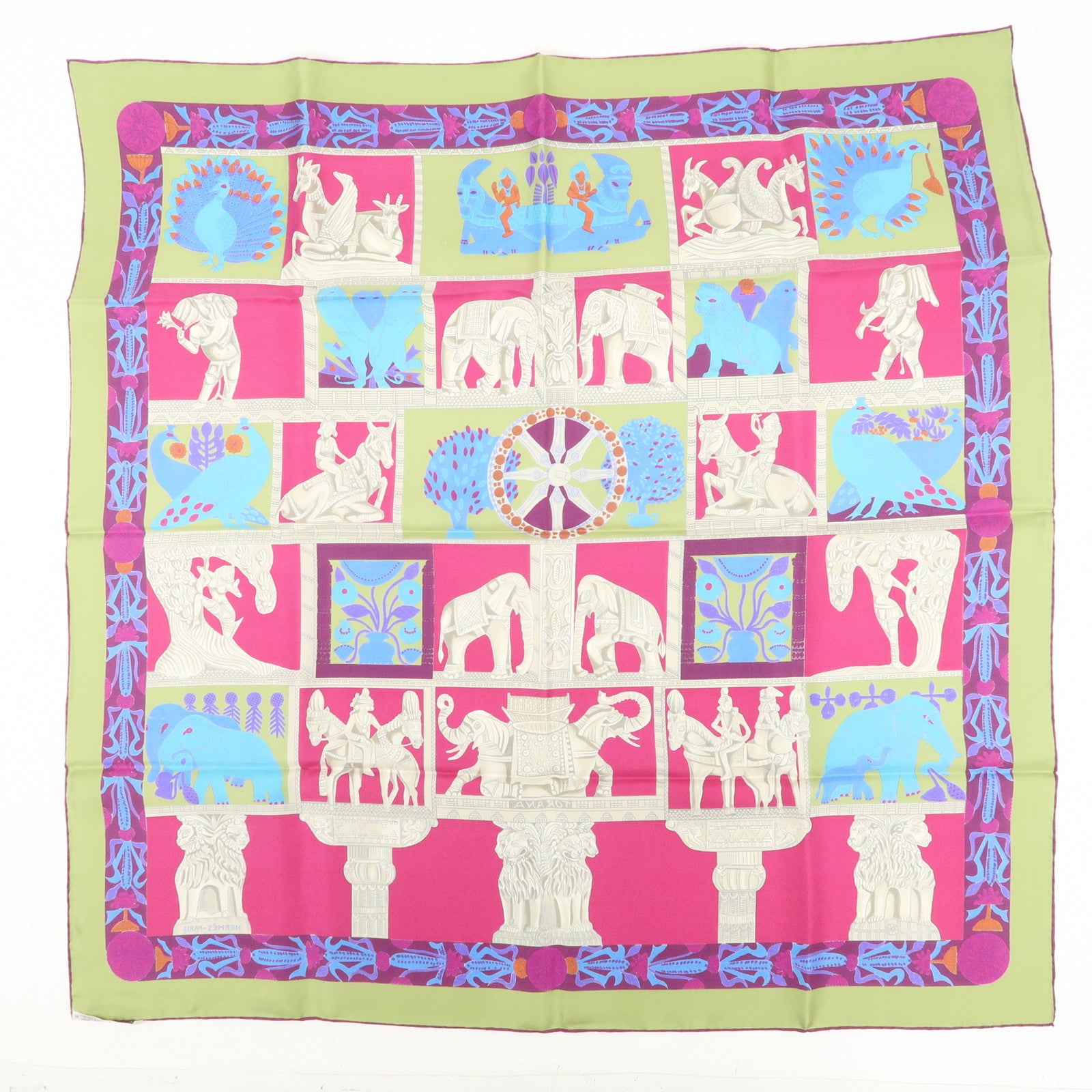 HERMES Carre 90 Silk 100% Scarf TORANA Pink Blue Green Used