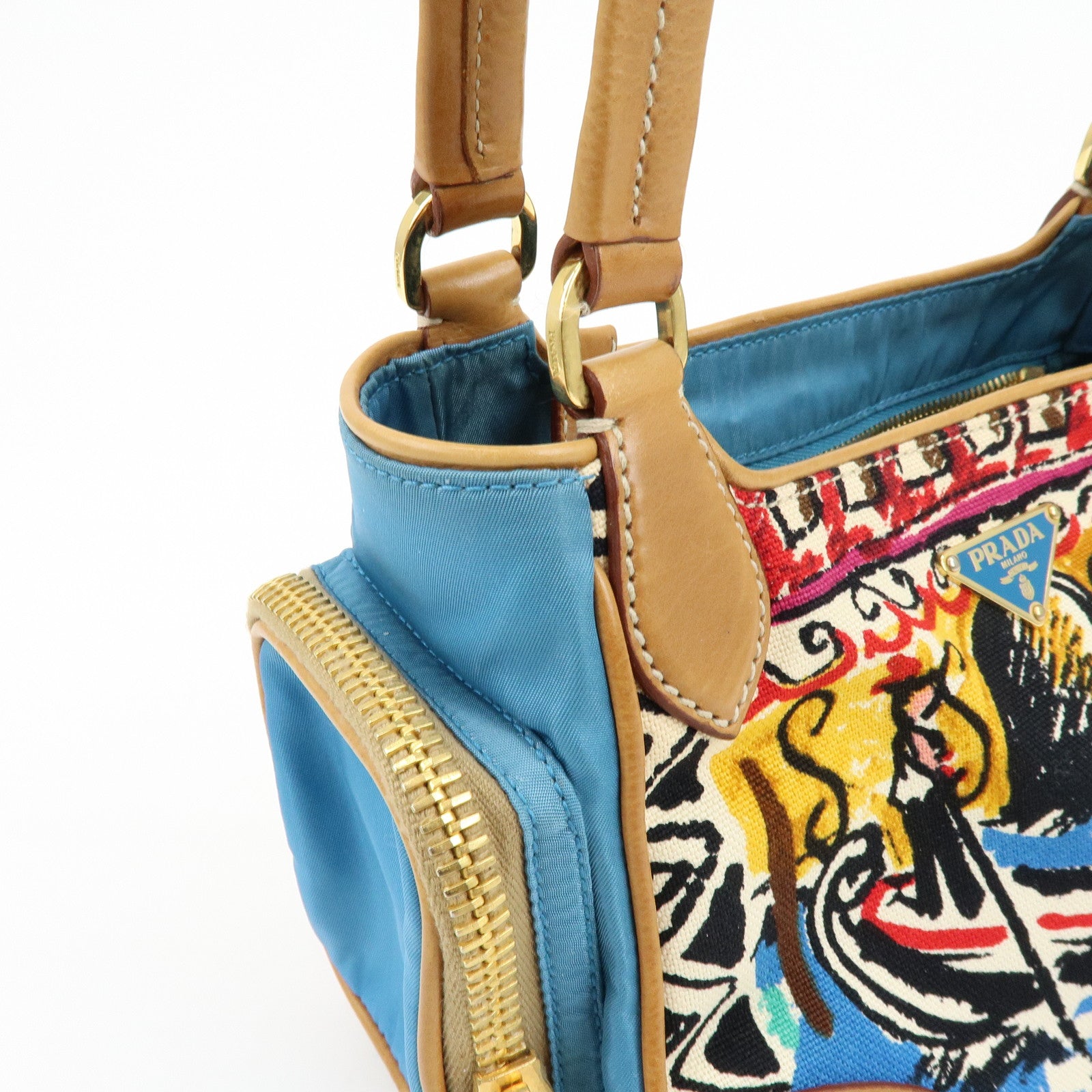 PRADA Triangle Logo Canvas Leather Hand Bag Light Brown Blue