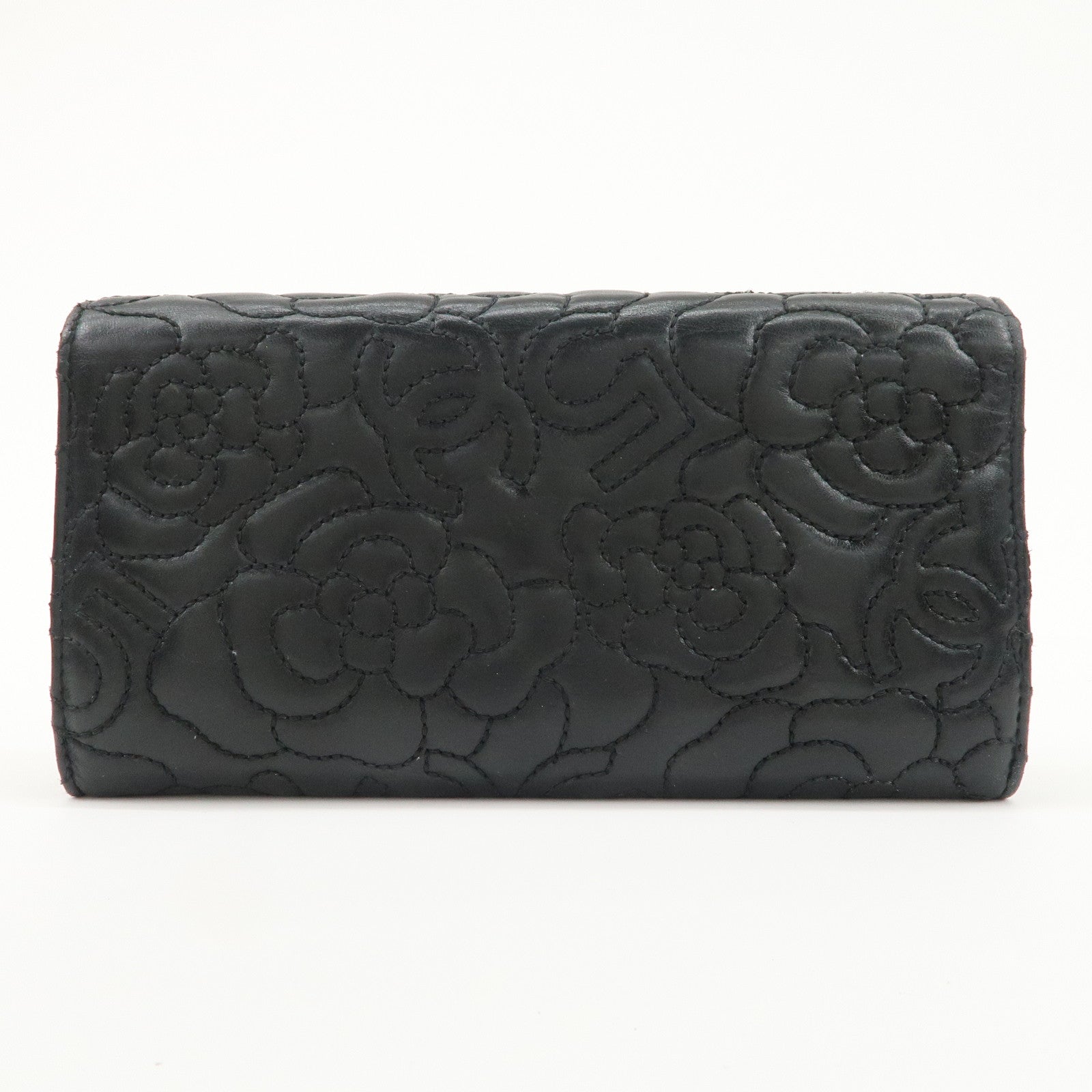 CHANEL Camelia No.5 COCO Mark Lamb Skin Bi-fold Long Wallet A70619 Used