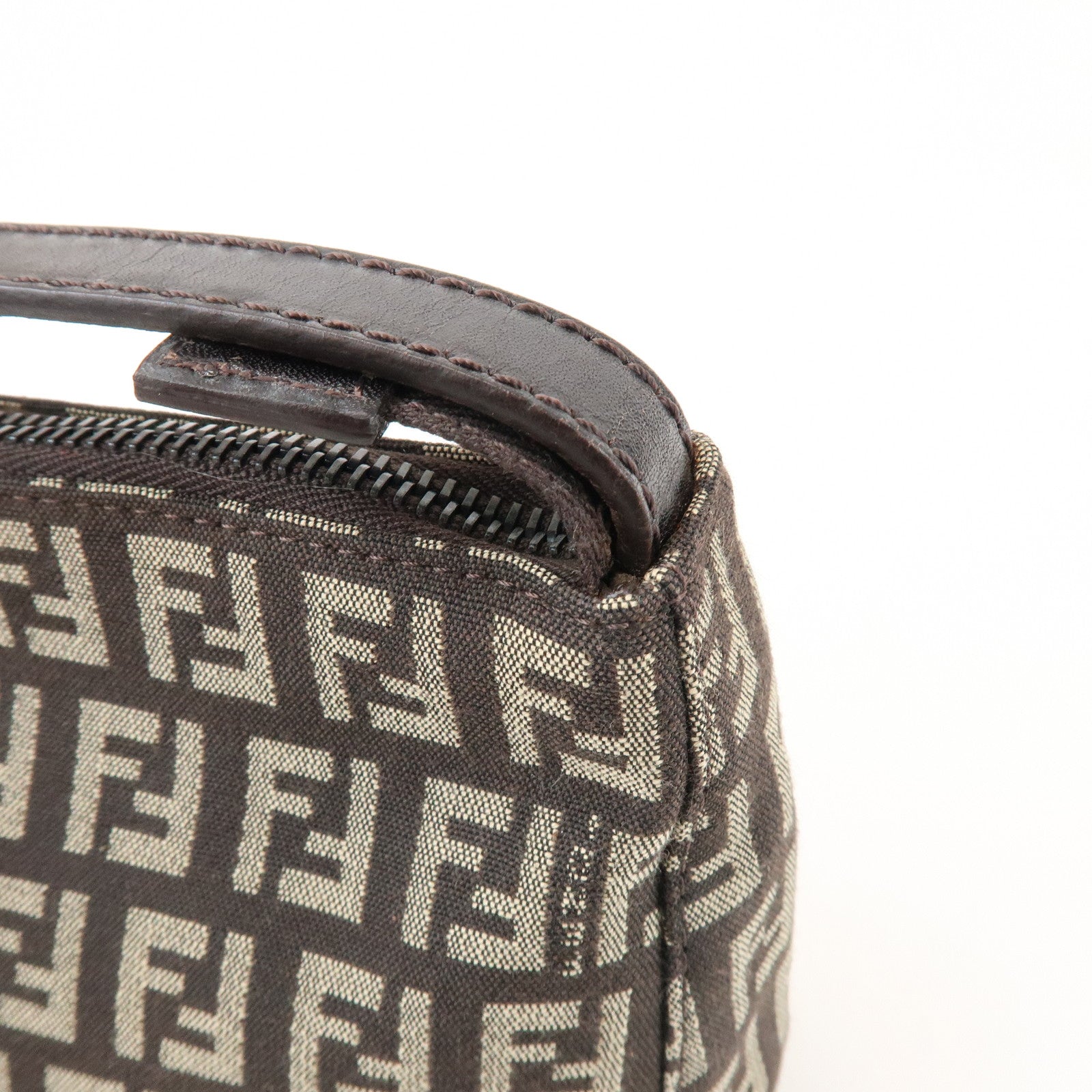 FENDI Zucchino Canvas Leather Hand Bag Pouch Bag Brown 8N00001