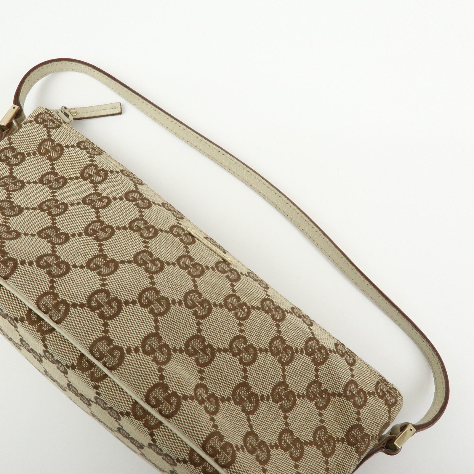 GUCCI Boat Bag GG Canvas Leather Hand Bag Pouch Brown Ivory 07198