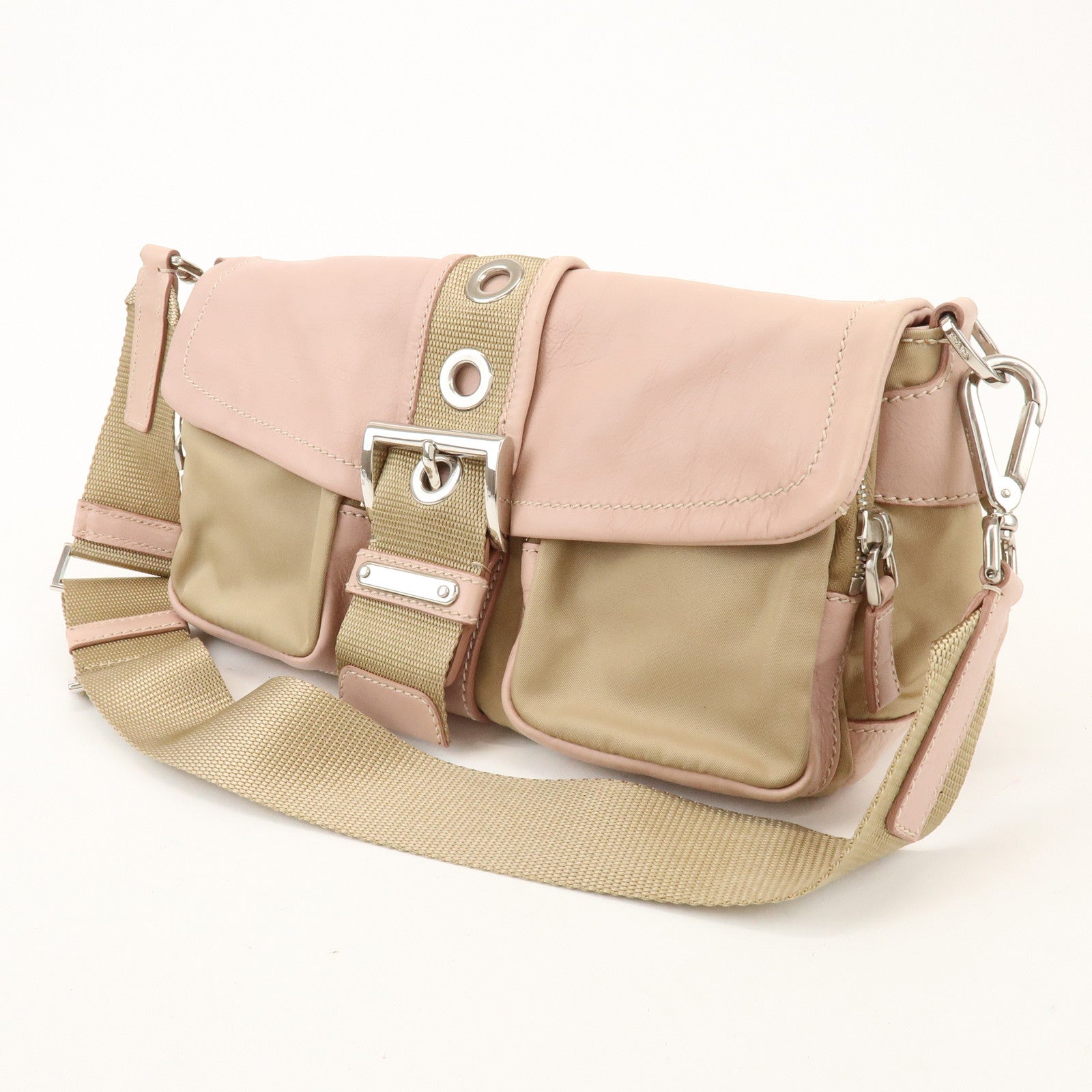PRADA Triangle Logo Nylon Leather Shoulder Bag Beige Pink BR2417