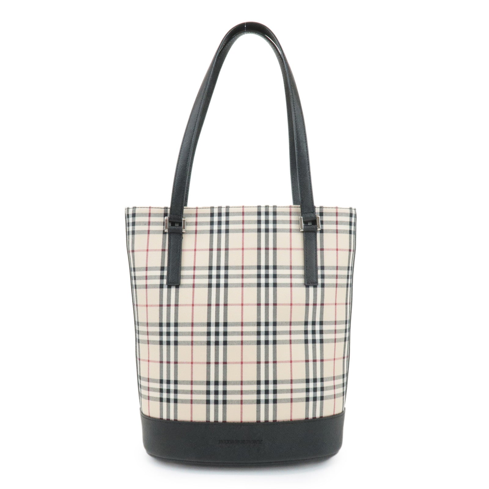 BURBERRY Nova Plaid Canvas Leather Tote Bag Shoulder Bag Black Used