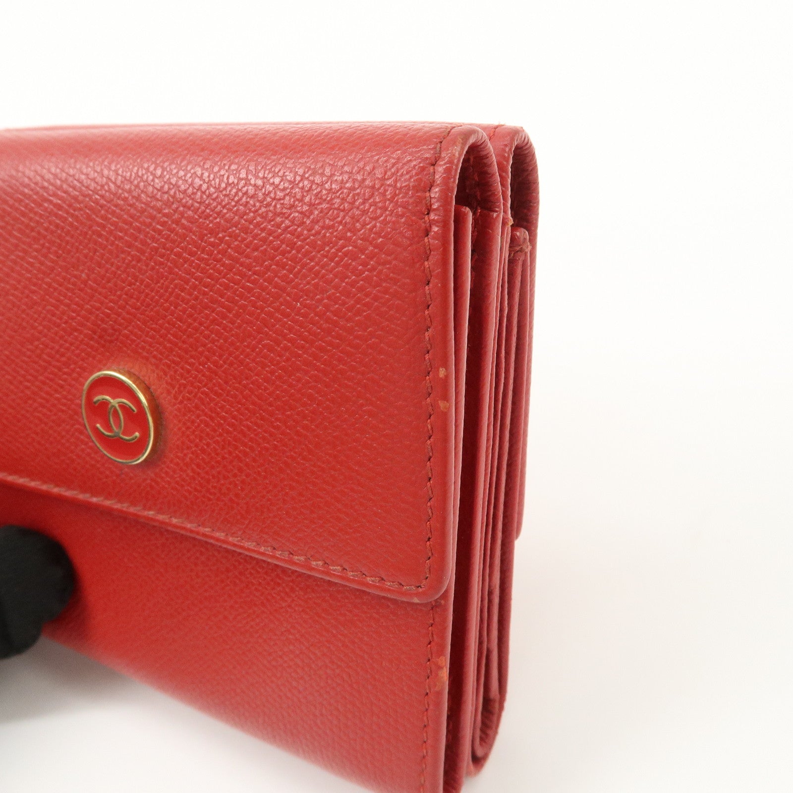 CHANEL COCO Button Leather Double Hook Compact Wallet Red A20902