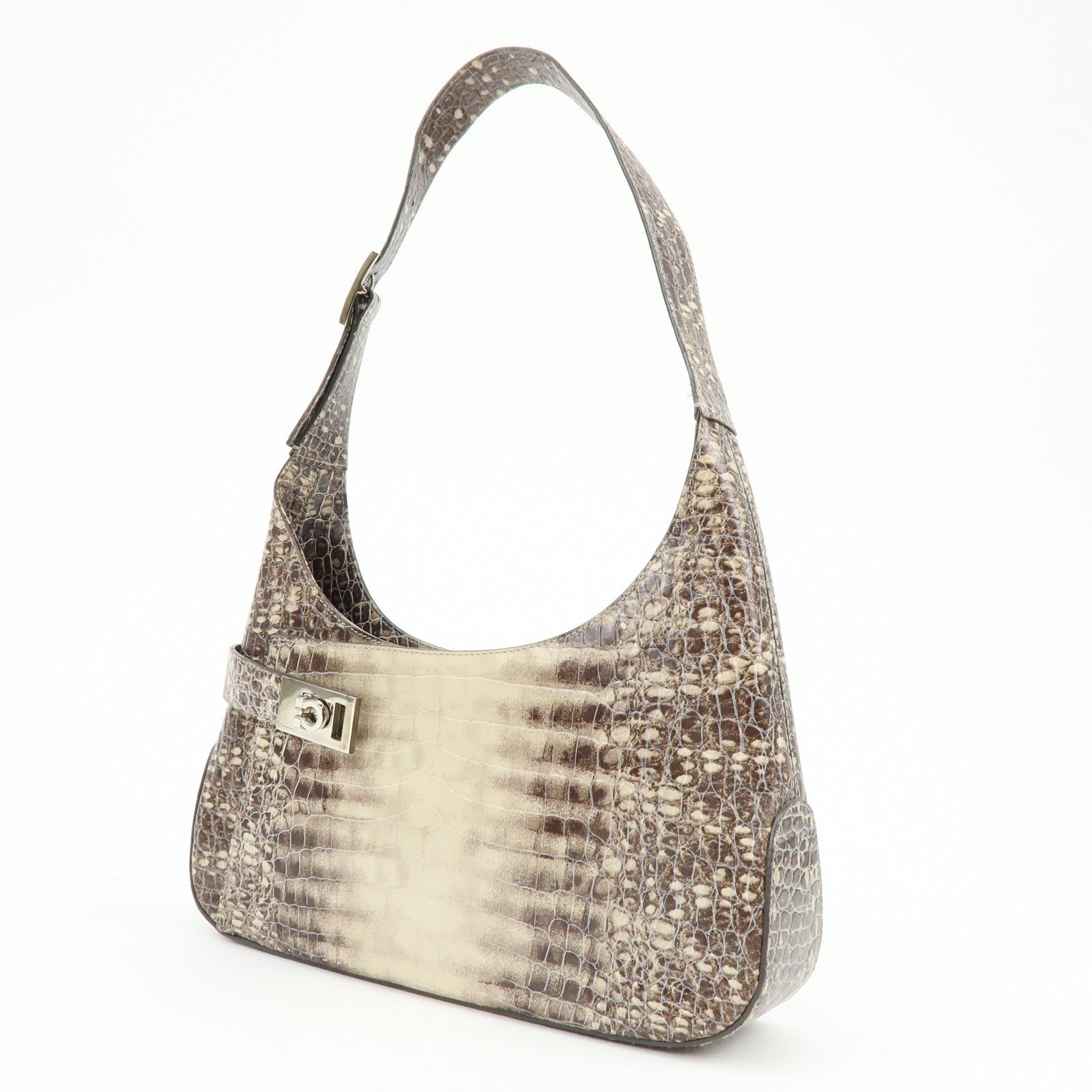 Ferragamo Gancini Embossed Leather Shoulder Bag Brown Beige