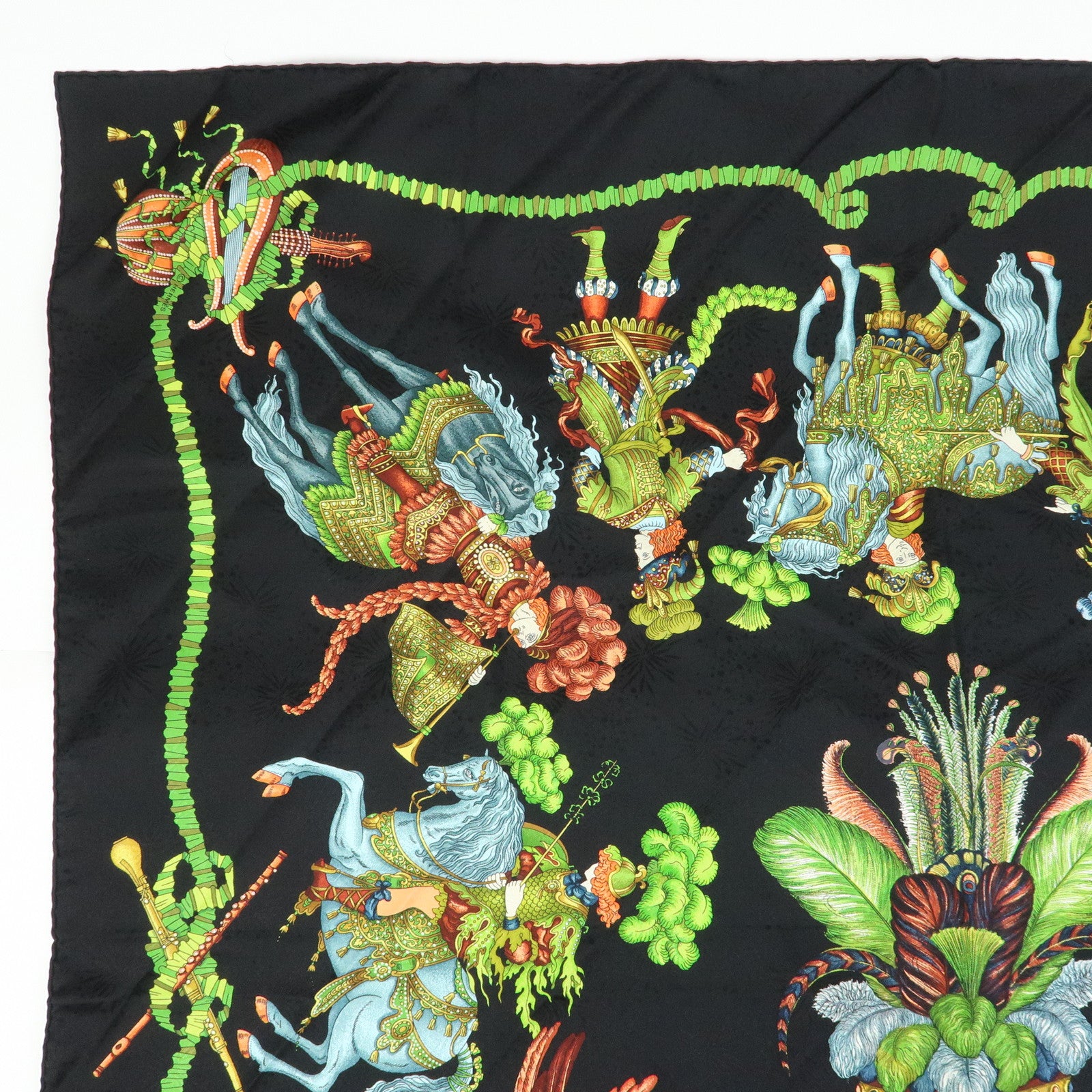 HERMES Carre 90 Silk 100% Scarf LES FETES DU ROI SOLEIL Black