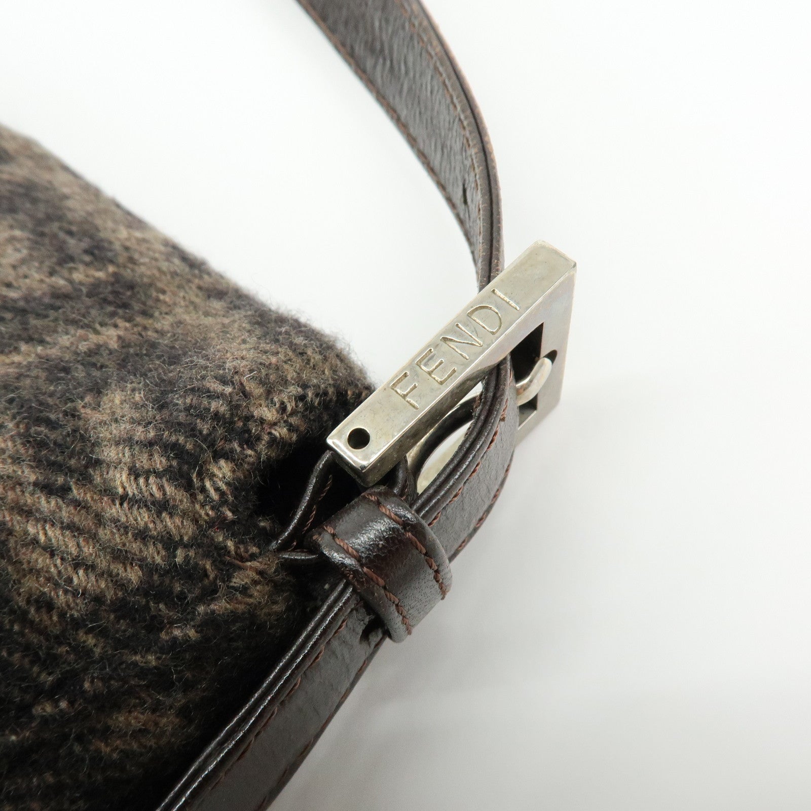 FENDI Mamma Baguette Zucca Wool Leather Shoulder Bag Brown 26325