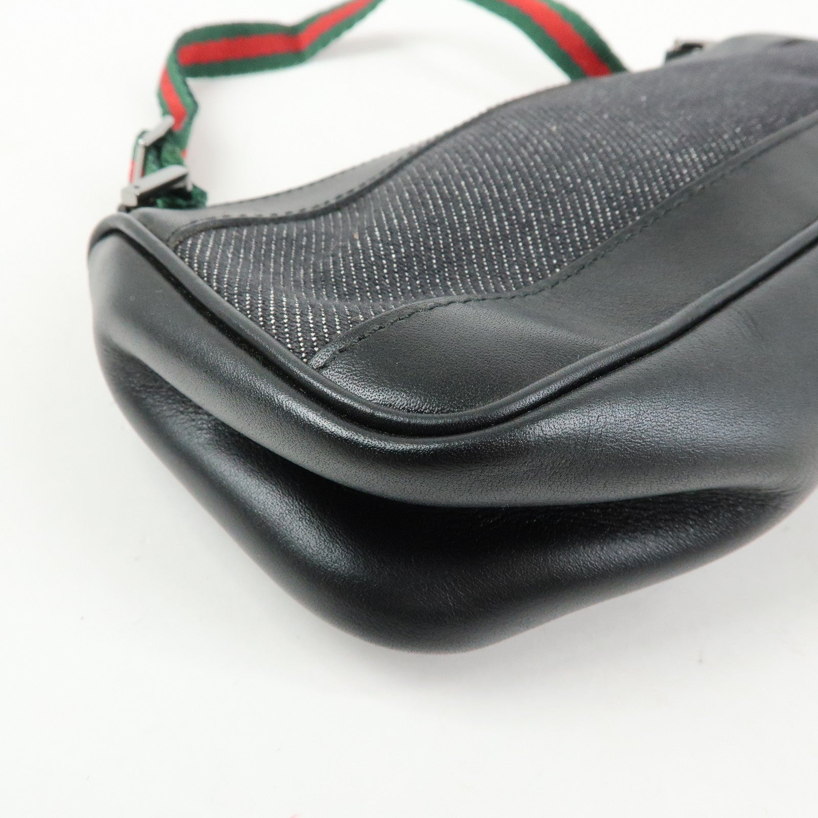 GUCCI Sherry Denim Leather Accessory Pouch Hand Bag Black 92820