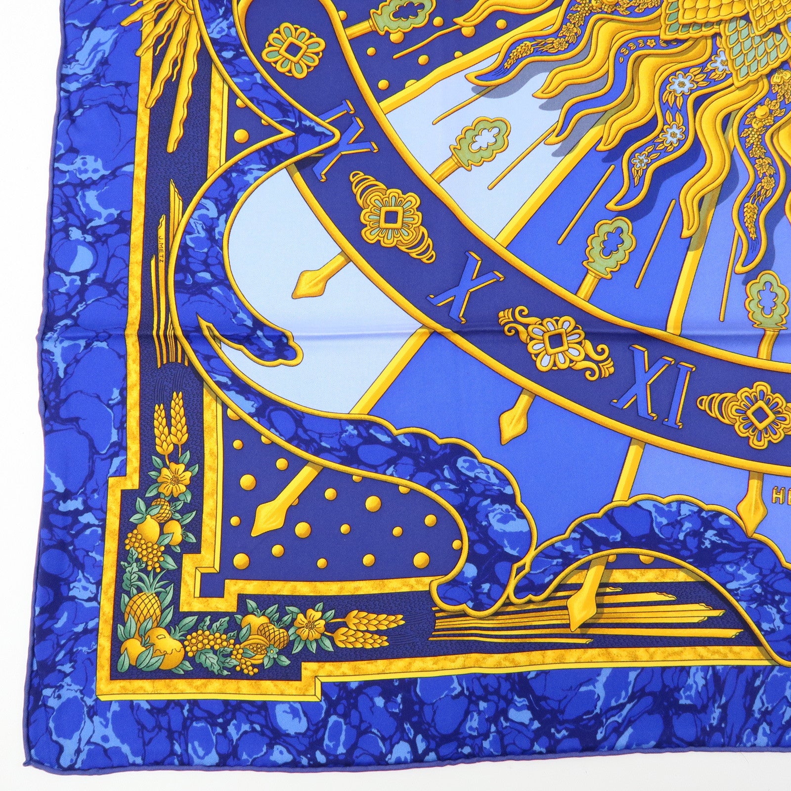 HERMES Carre 90 Silk 100% CARPE DIEM Scarf Navy Blue Yellow