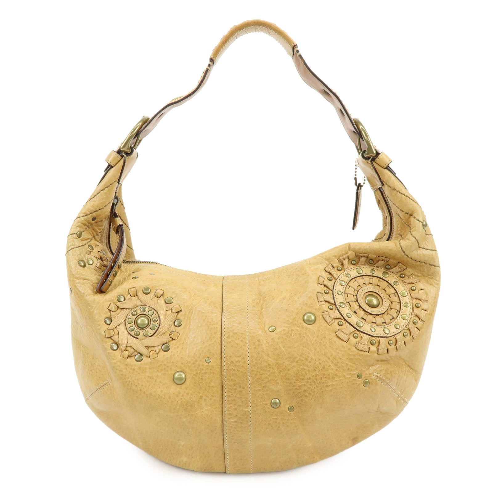 COACH Leather Shoulder Bag Hand Bag Studs Camel