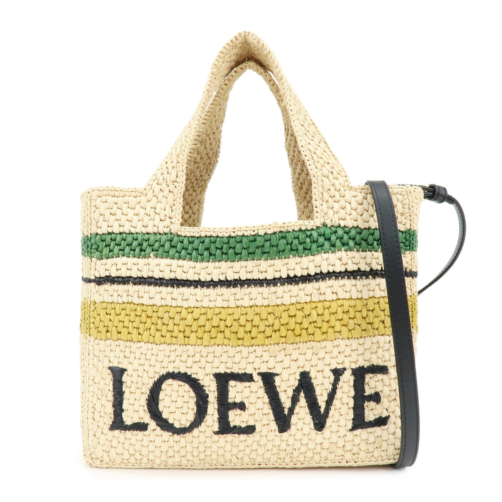 LOEWE Raffia Leather 2Way Hand Bag Shoulder Bag Natural Black Green