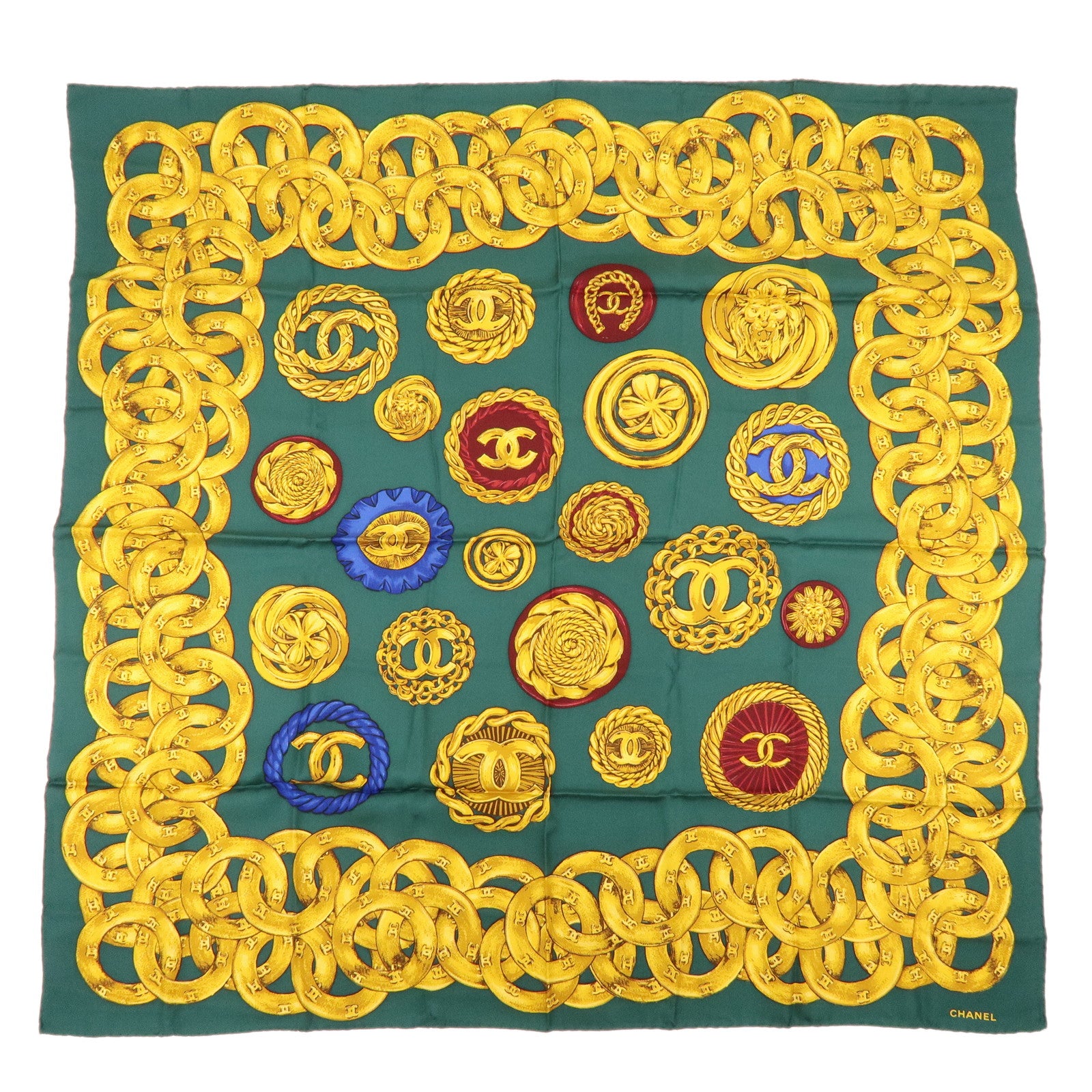CHANEL Logo Silk 100% Medallion & Chain Print Scarf Moss Green Gold