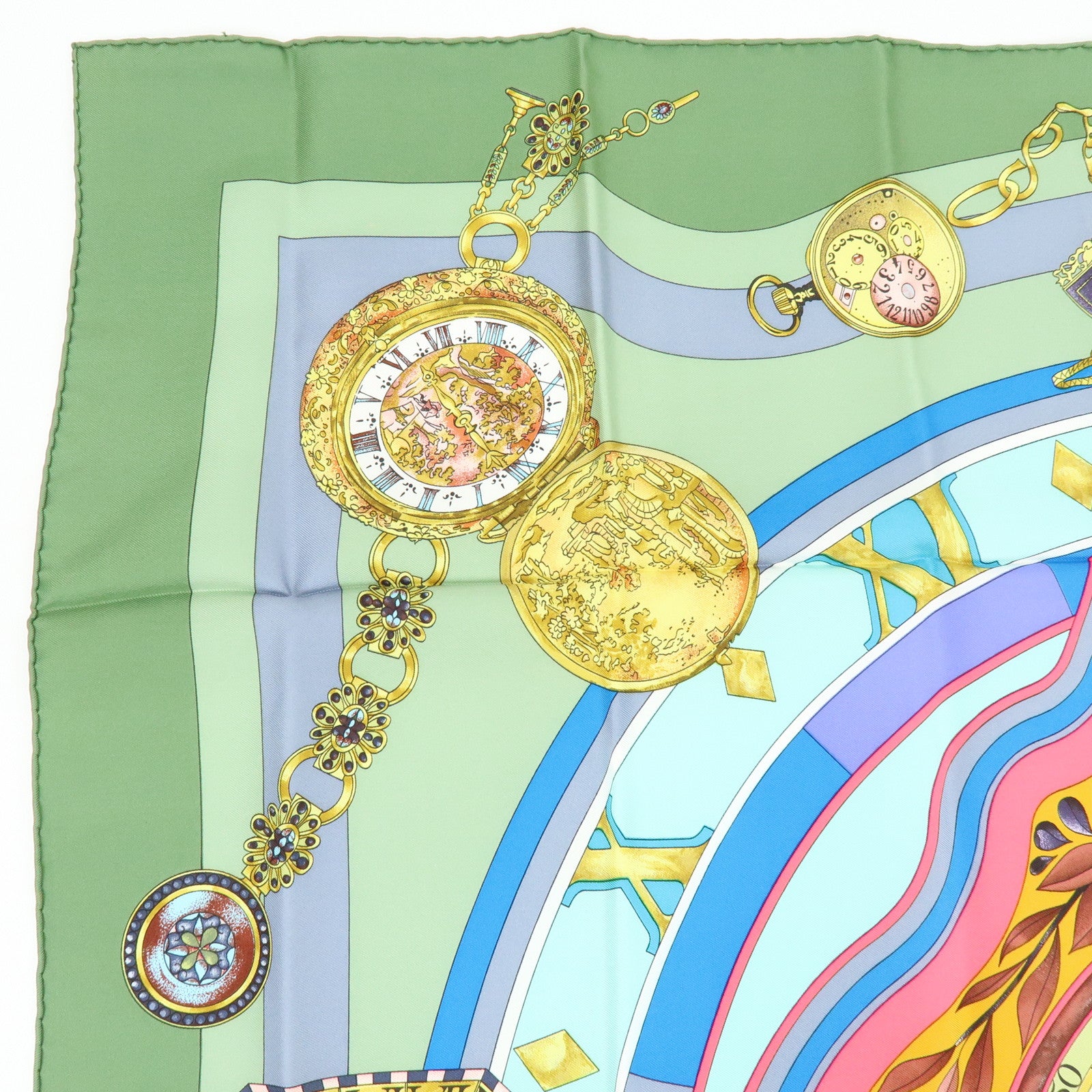HERMES Carre 90 Silk 100% Scarf la ronde des heures Green Gray Pink