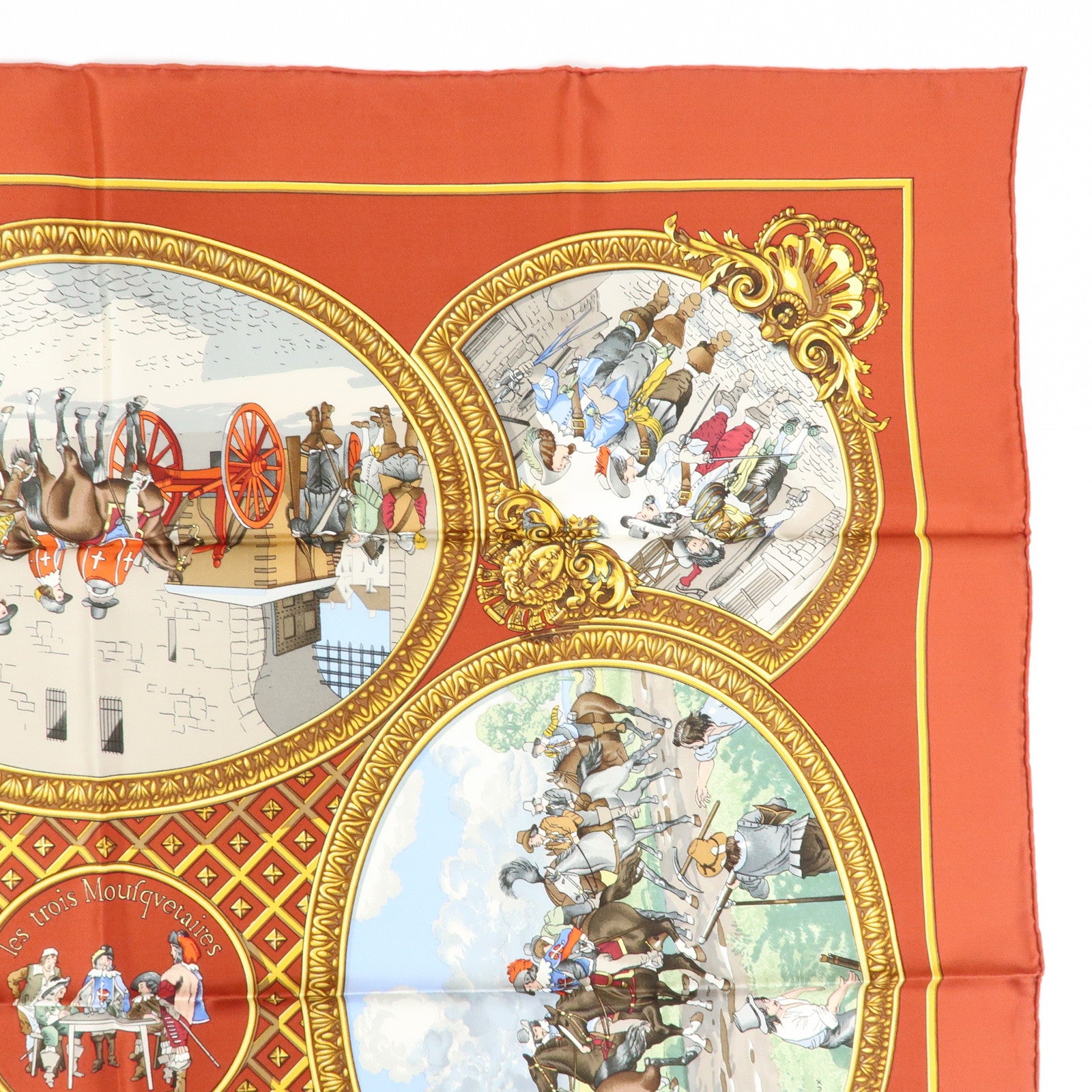 HERMES Carre 90 Silk 100% Scarf Les Trois Mousquetaires Brown Gold