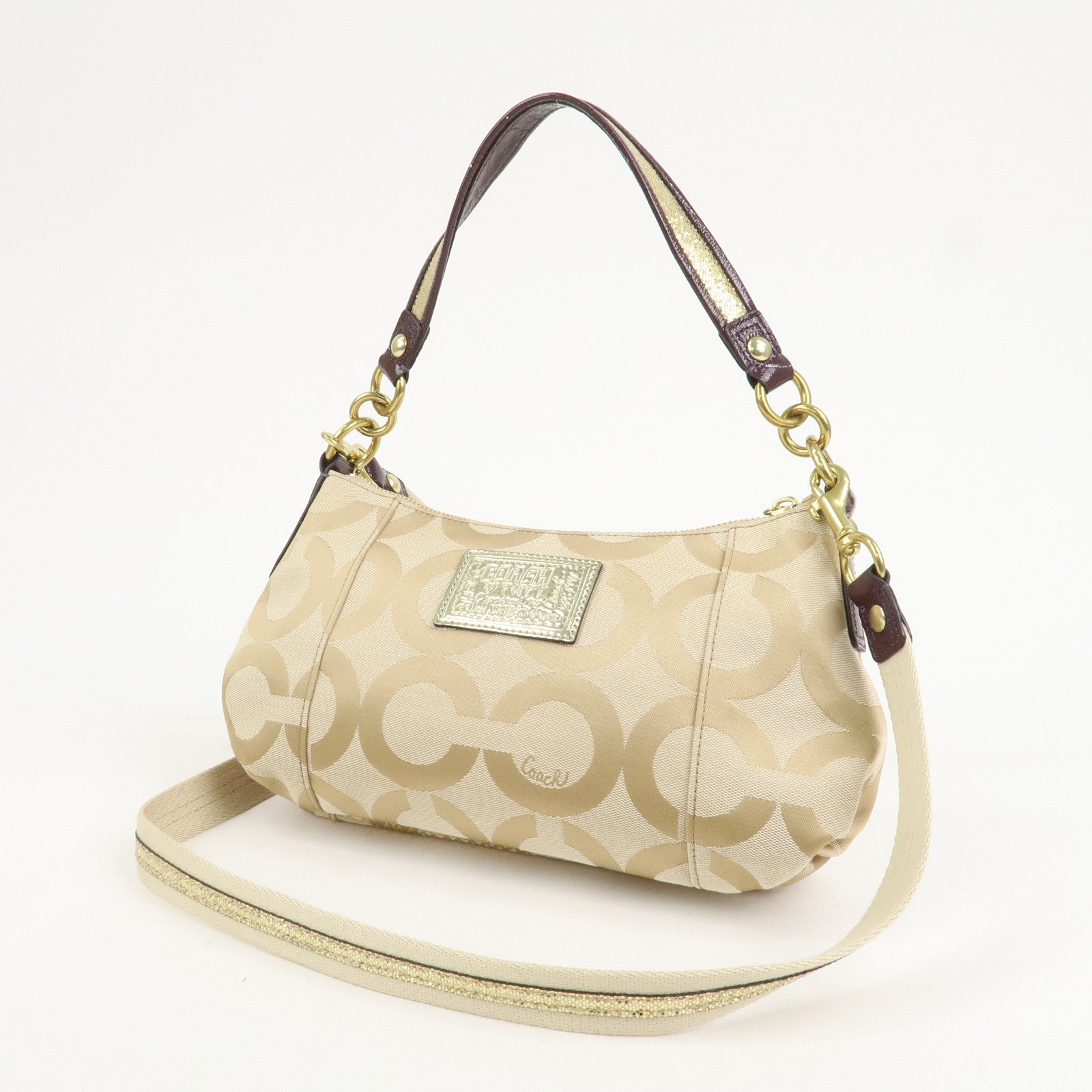 COACH POPPY Canvas Patent Leather 2Way Shoulder Bag Hand Bag Beige