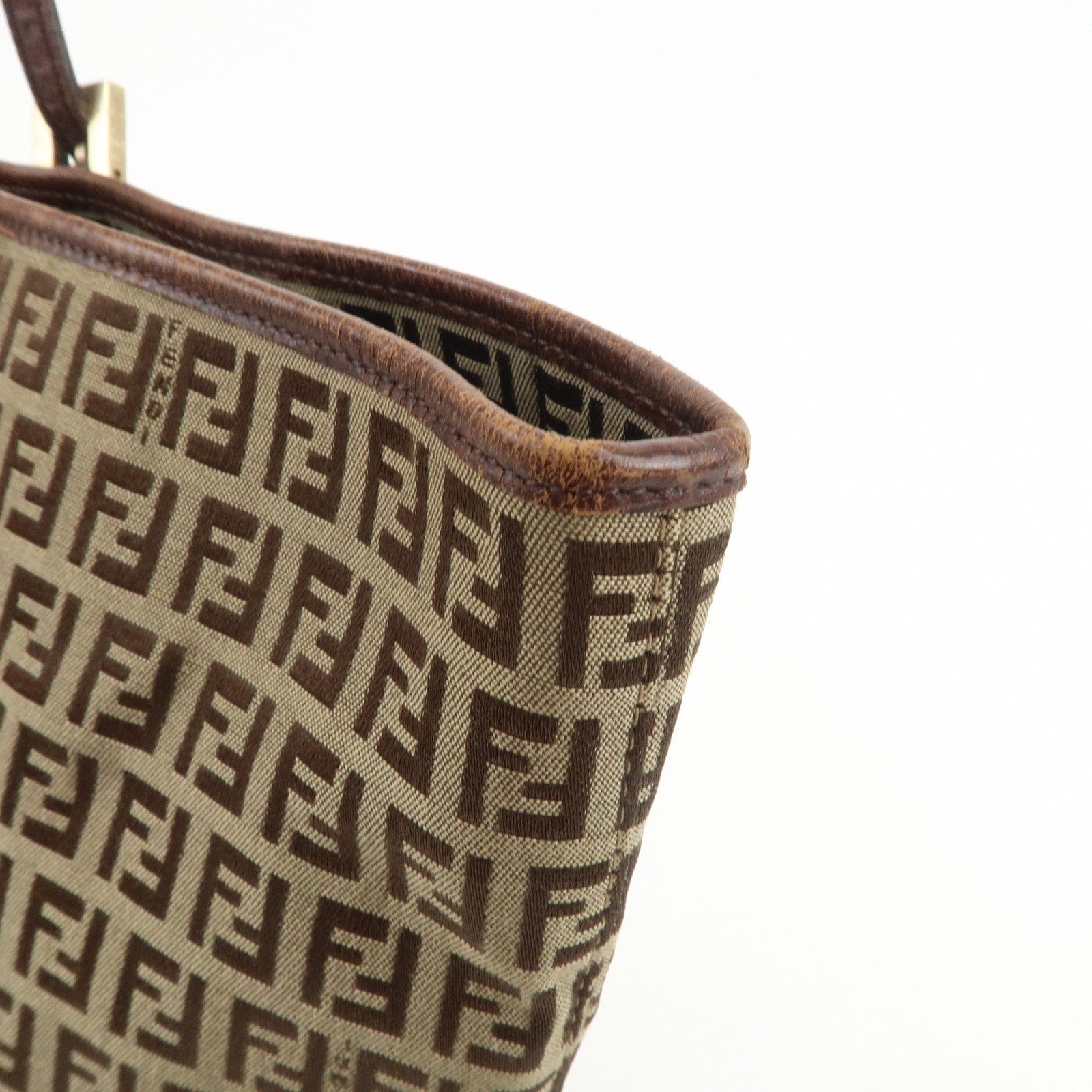 FENDI Zucchino Canvas Leather Tote Shoulder Bag Beige Brown 8BH127