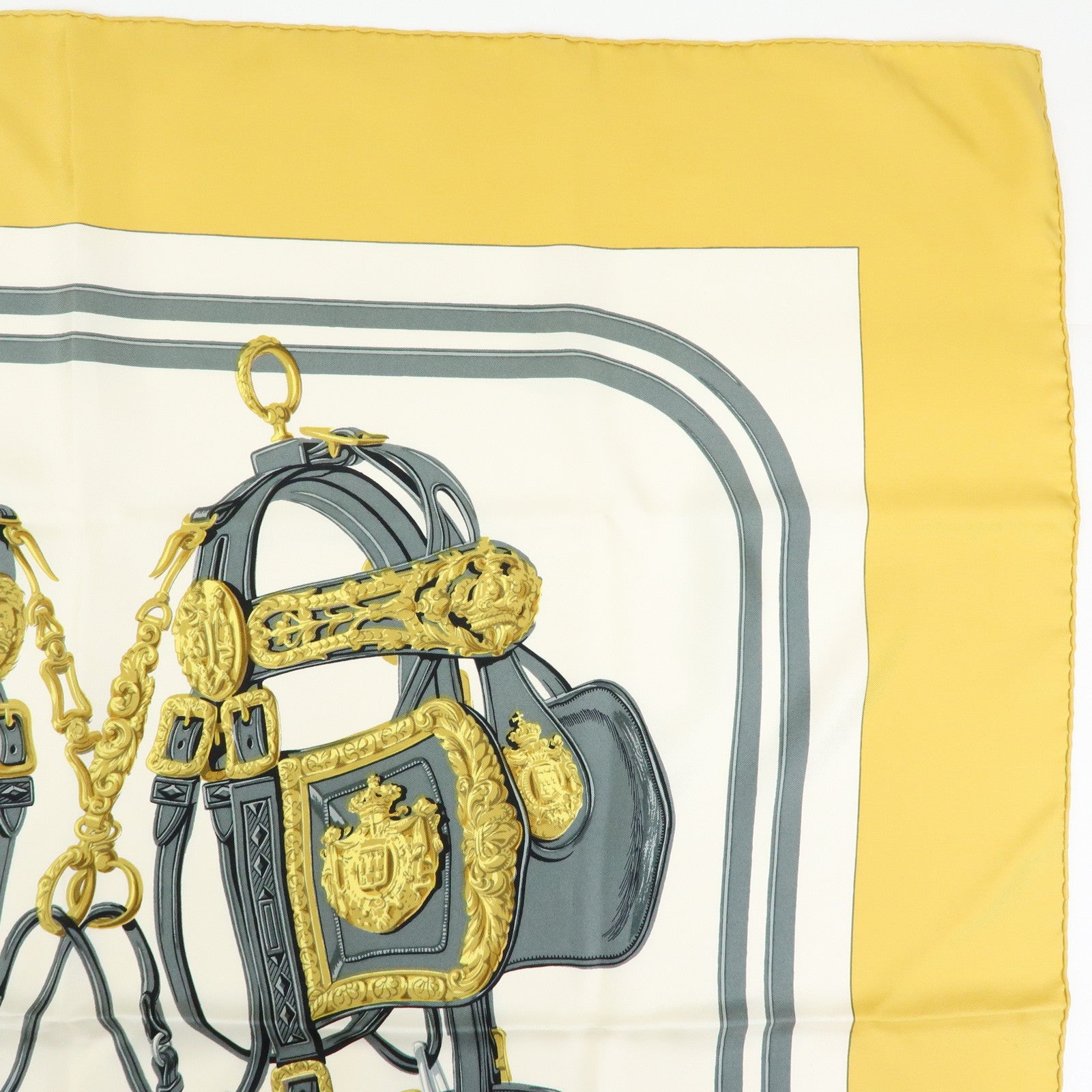 HERMES Carre 90 Silk 100% Scarf BRIDES DE GALA Gold Gray