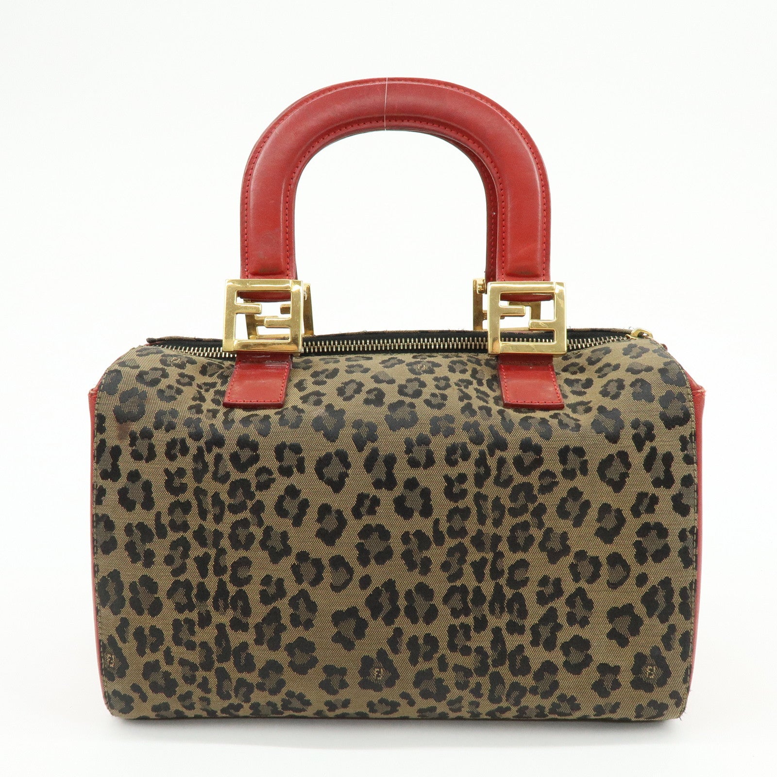 FENDI Canvas Leather Hand Bag Boston Bag Leopard Brown Red