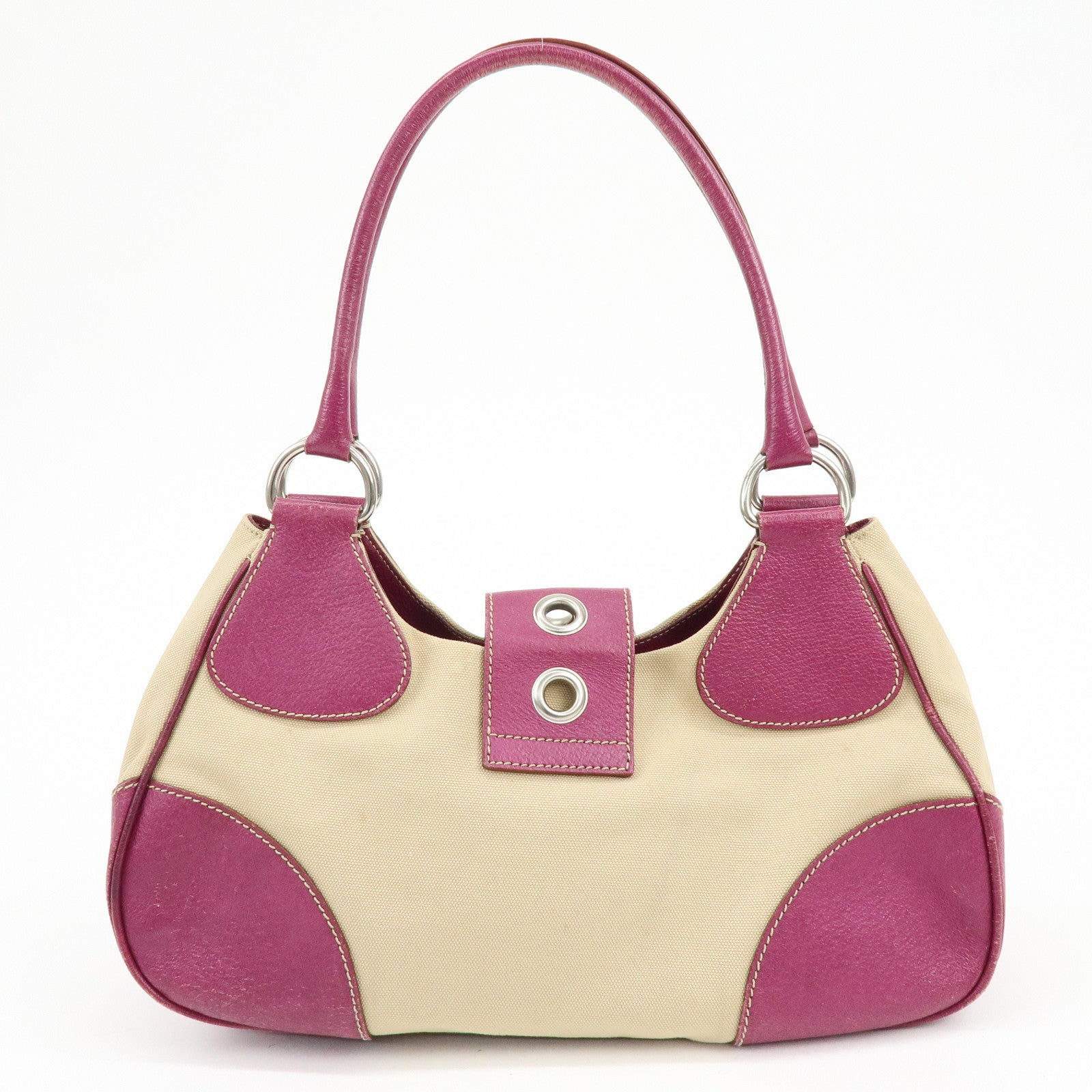 PRADA Triangle Logo Canvas Leather Hand Bag Beige Purple BR0811