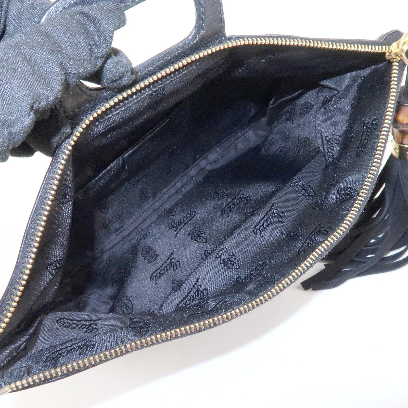 GUCCI Bamboo Leather Clutch Bag Black Gold Hardware 218496 Used