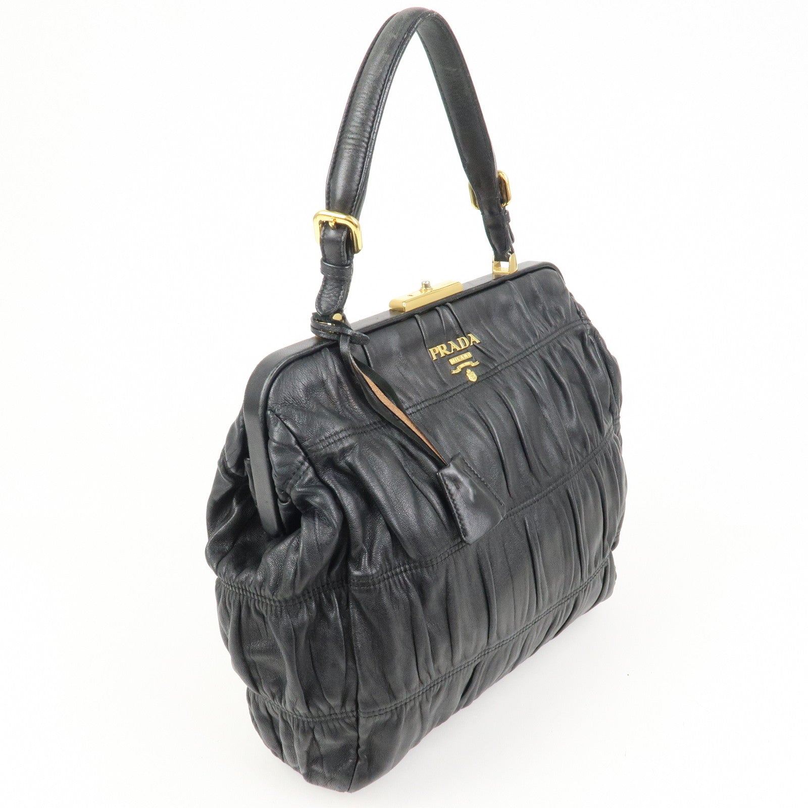 PRADA Logo Nappa Leather Gathered Shoulder Bag Hand Bag Black