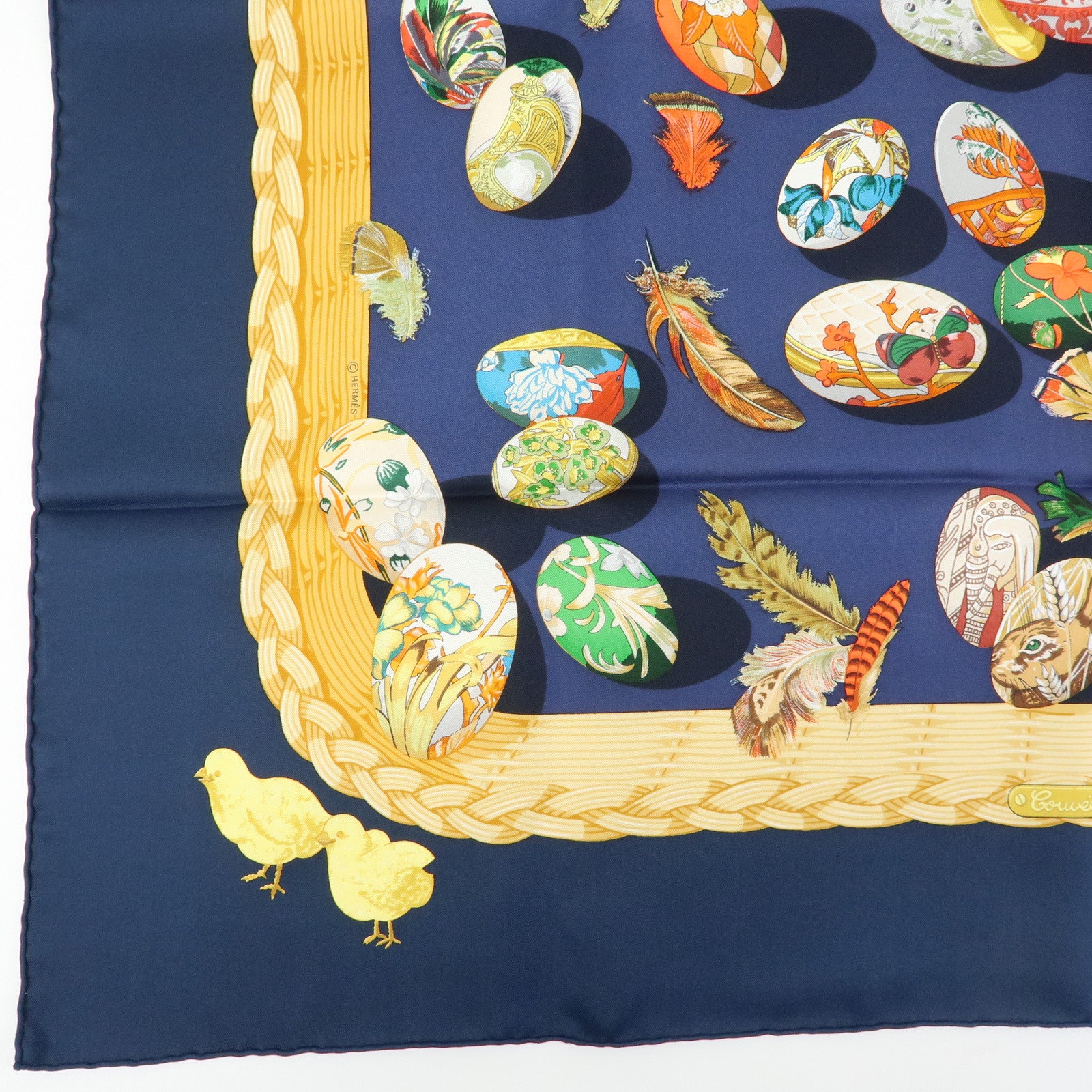 HERMES Carre 90 Silk 100% Scarf COUVEE D HERMES Egg Print Navy Gold