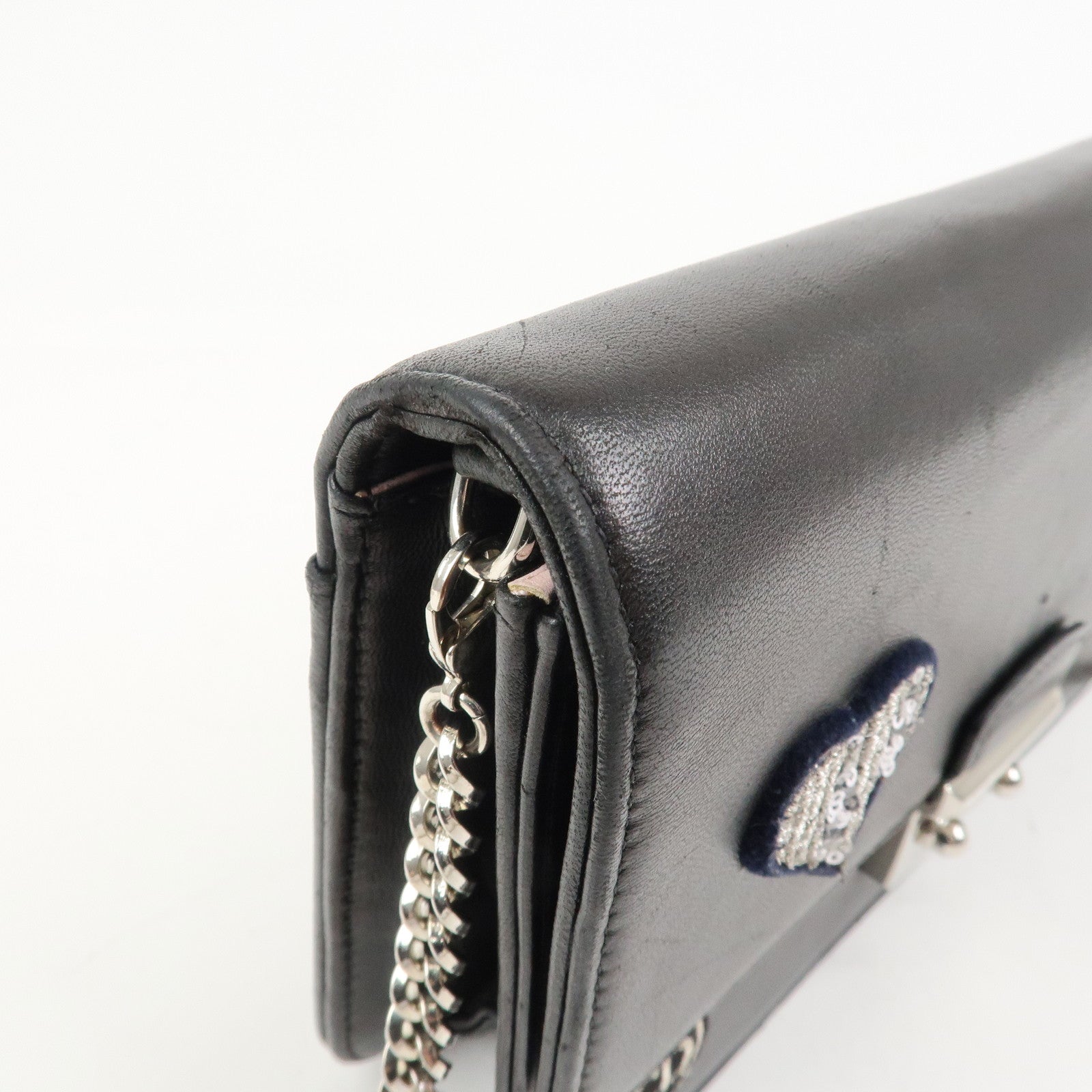 Christian Dior Leather Chain Shoulder Bag Heart Embroidery Black