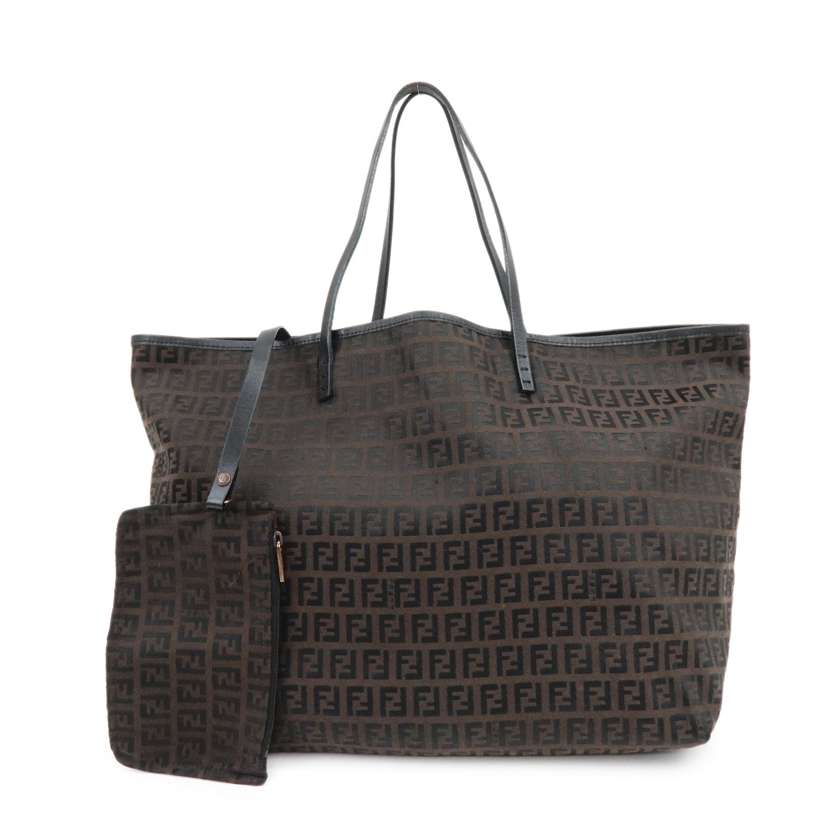 FENDI Zucchino Canvas Leather Tote Bag Shoulder Bag Brown