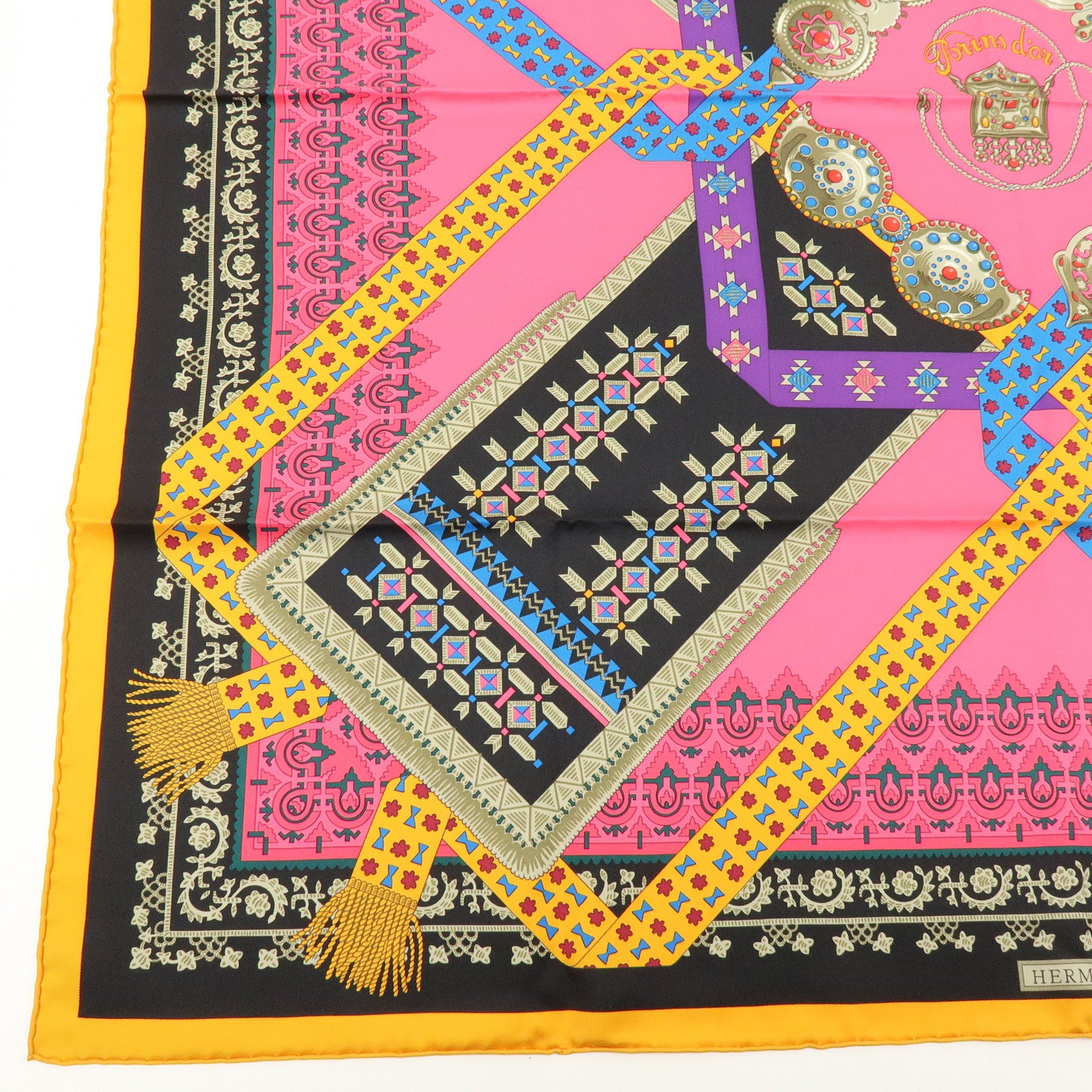 HERMES Carre 90 Silk 100% Scarf Brins d'or Pink Black Multi Color
