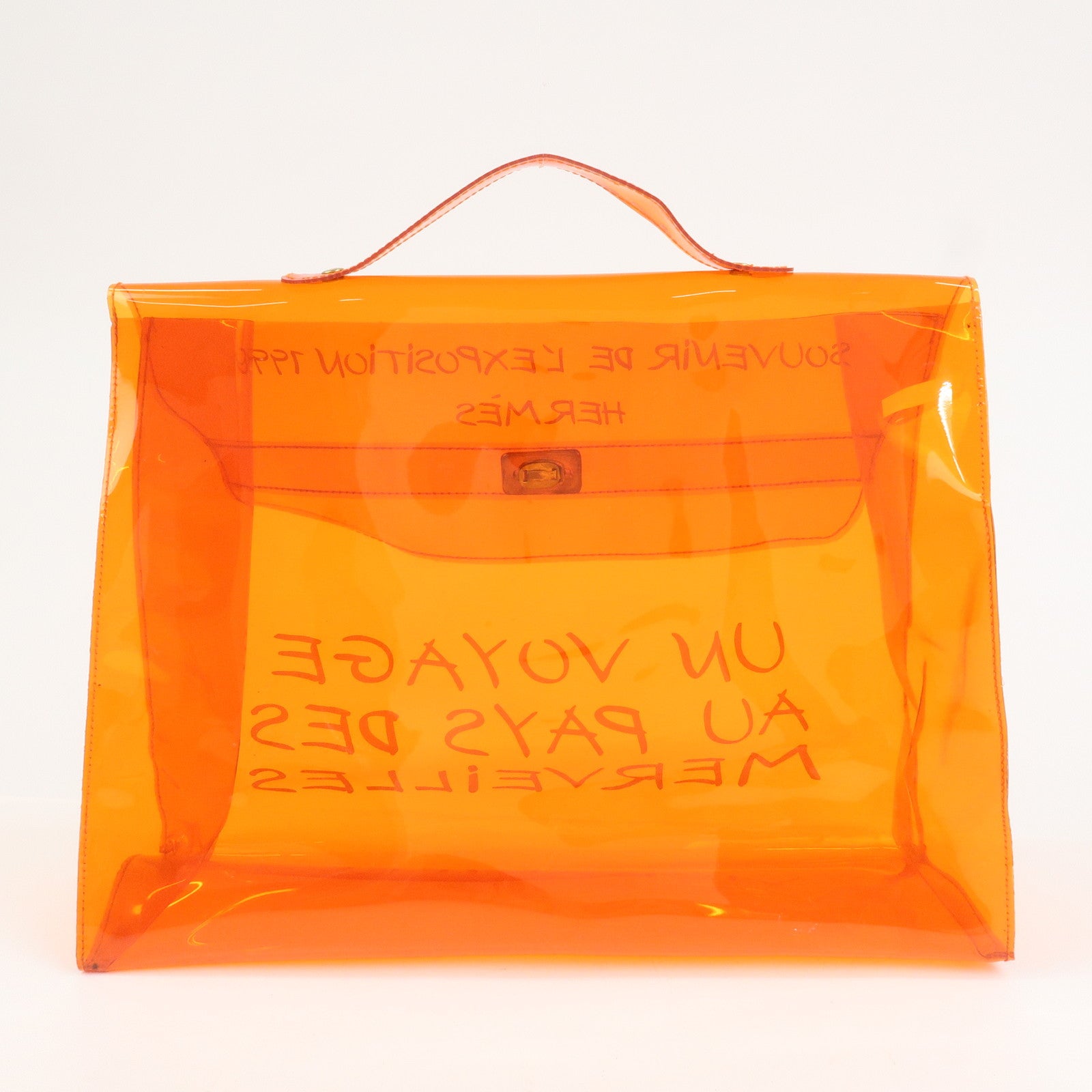 HERMES Kelly Vinyl Hand Bag Clear Transparent Orange