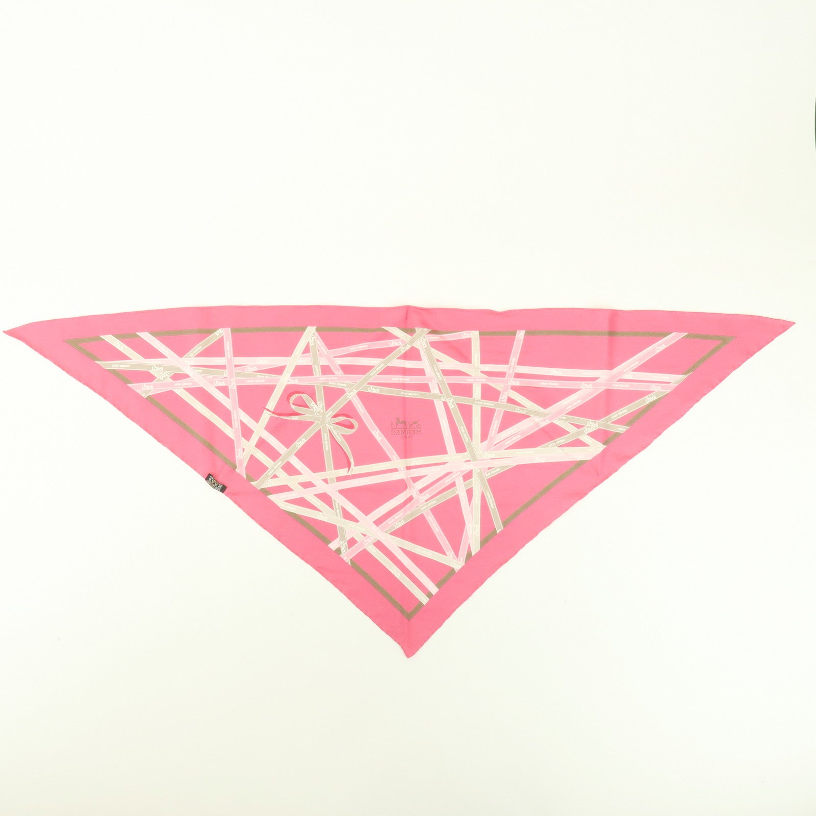 HERMES Pointu Silk 100% Scarf Ribbon Print Pink Beige