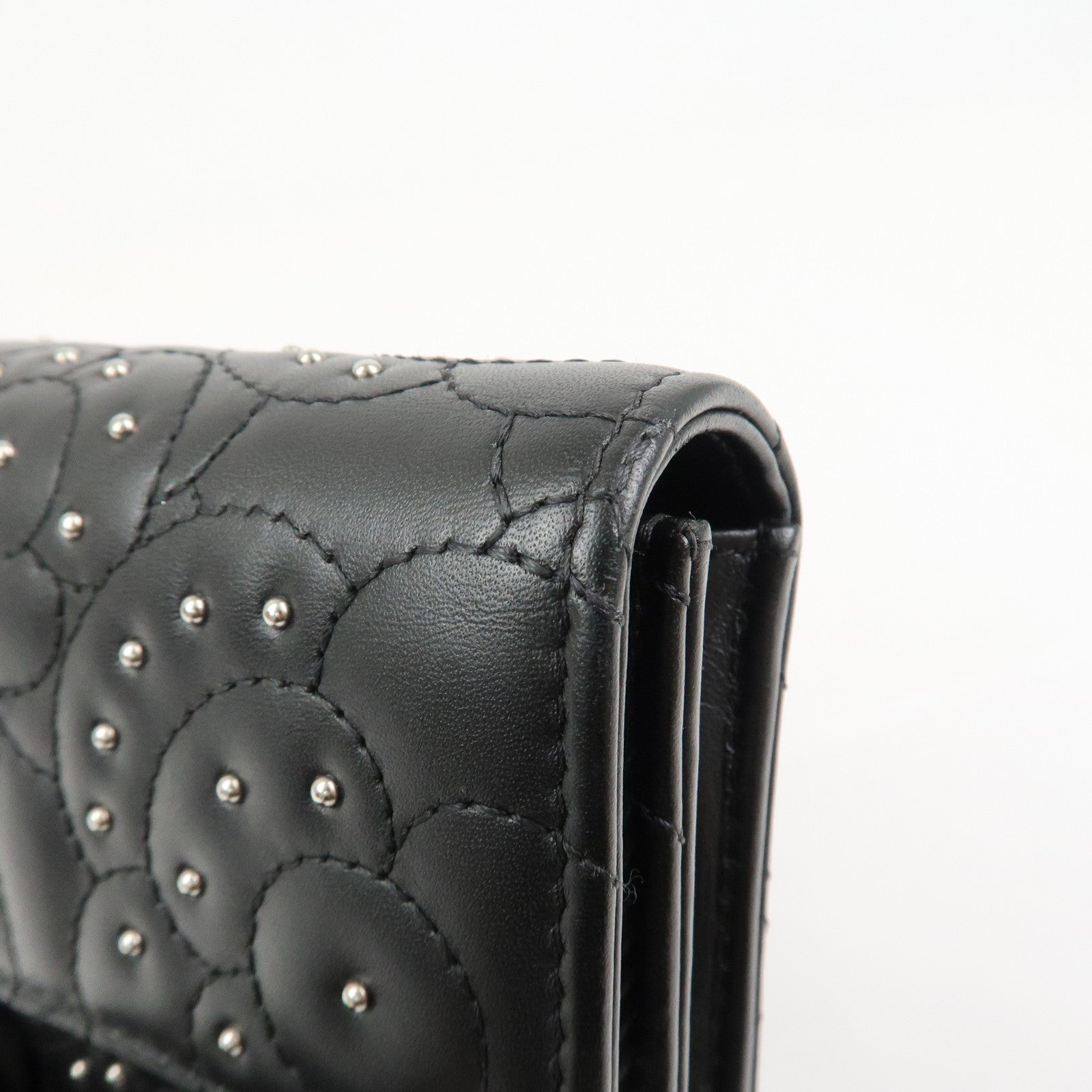 CHANEL Camellia Leather Long Wallet Black Silver Studs A82283