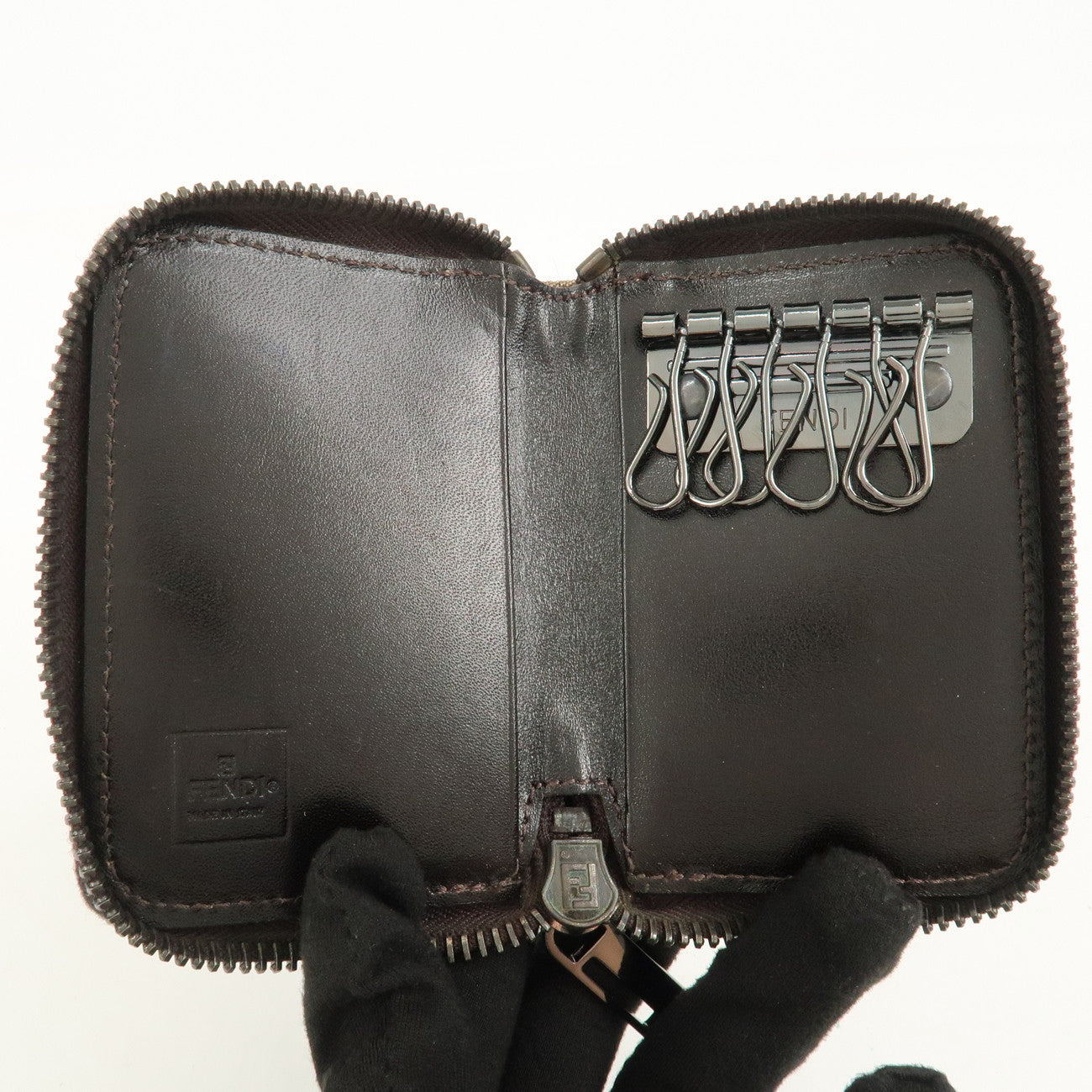 FENDI Zucca Canvas Leather 6 Ring Zippy Key Case Beige 8AP000