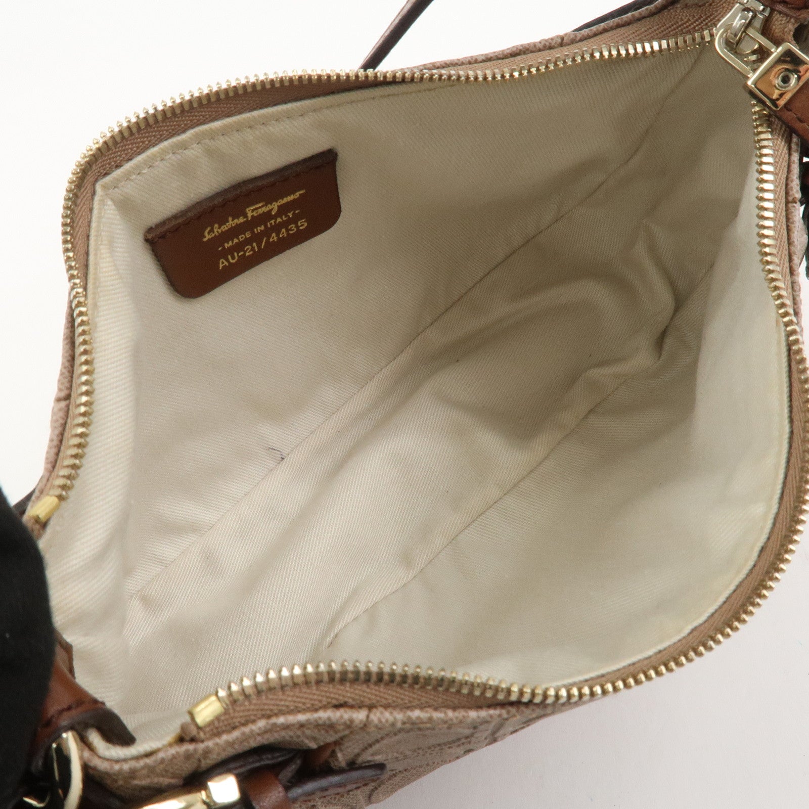 Ferragamo Gancini PVC Canvas Leather Shoulder Bag Hand Bag Brown