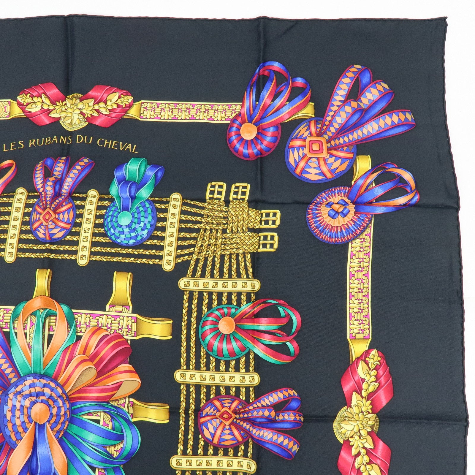 HERMES Carre 90 Silk 100% Scarf LES RUBANS DU CHEVAL Black